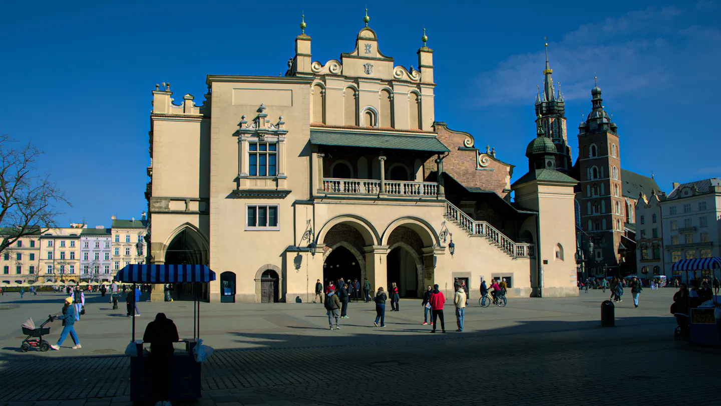 The Renaissance Cloth Hall and the towers of St Mary's Basilica on Krakow's Main Market Square