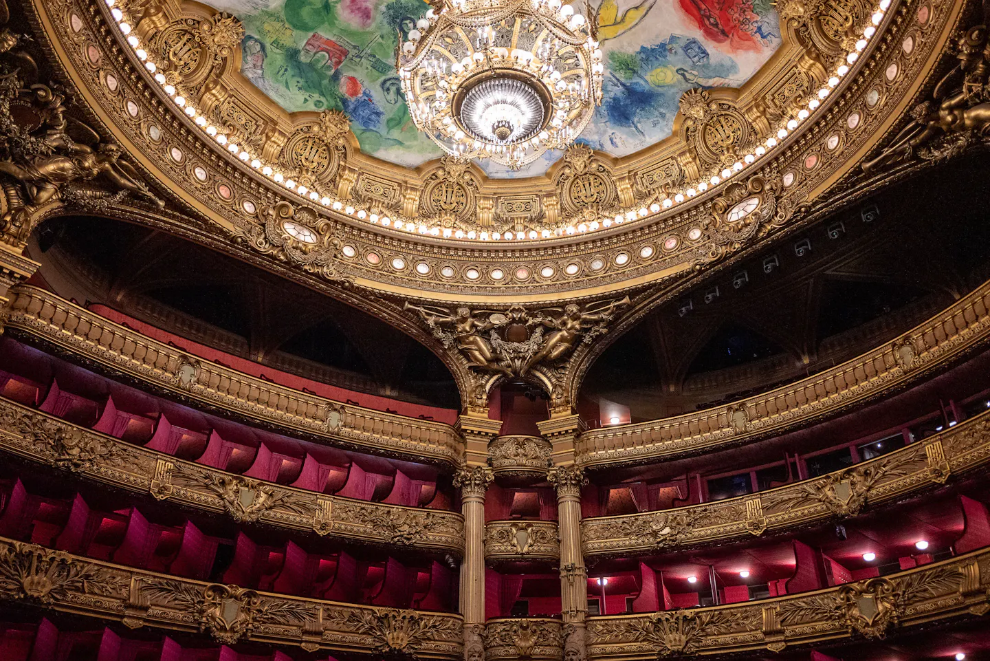 The gilded auditorium of the Palais Garnier seen from below: tiers of red velvet boxes, carved gold balcony fronts, and the great crystal chandelier under the painted Chagall ceiling