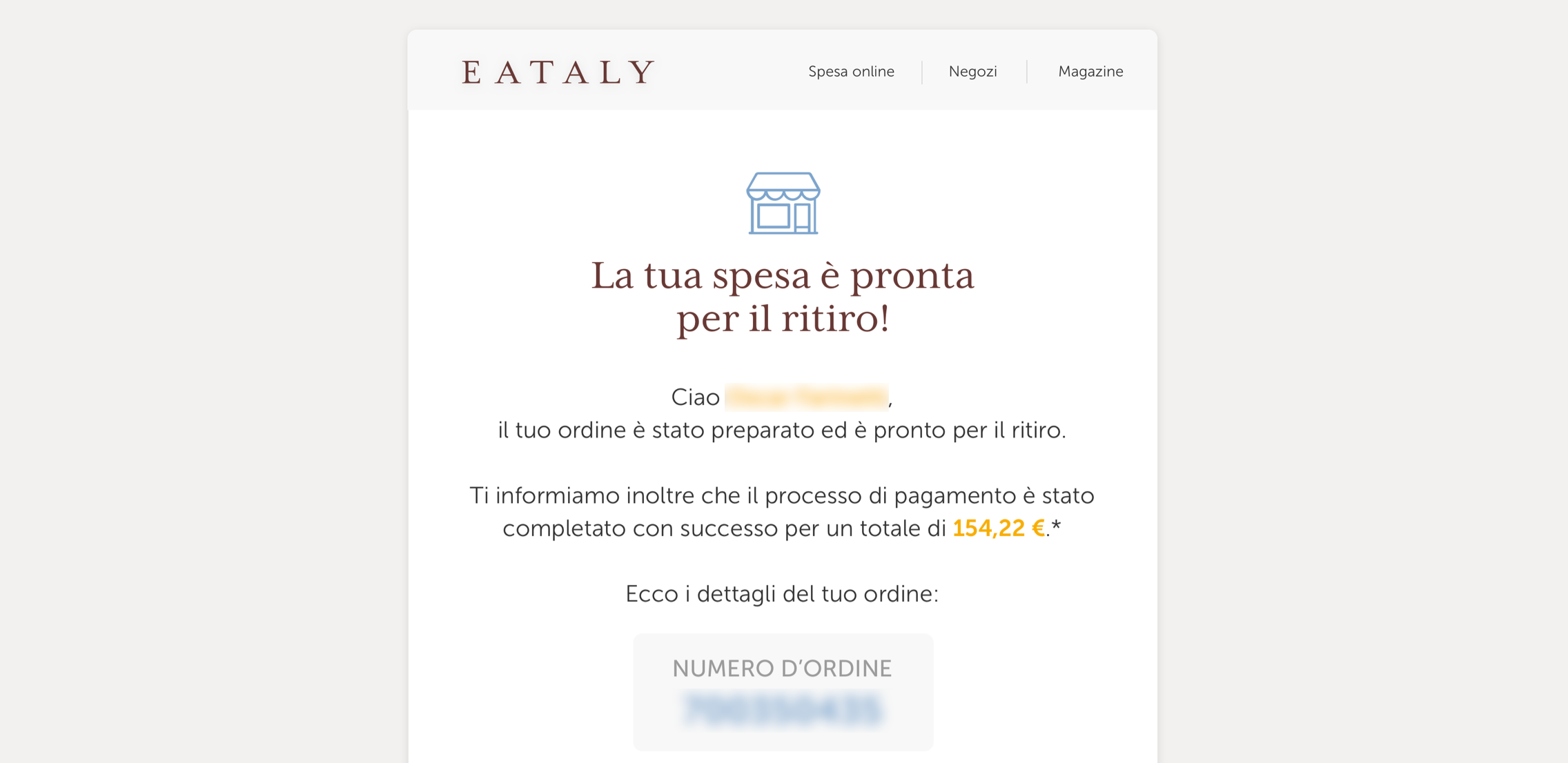 Mail di ritiro in negozio