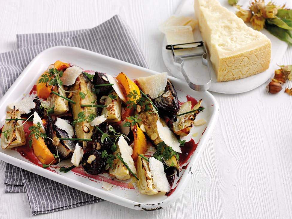 Oven roasted vegetables with fresh hazelnuts or cobnuts, Grana Padano shavings “Agrodolce”