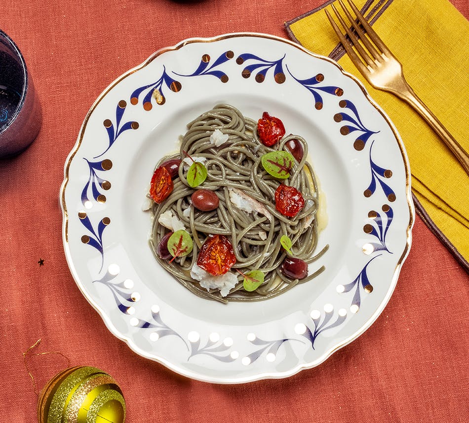 Felicia Spirulina Spaghetti with Cod, Olives, and Tomatoes