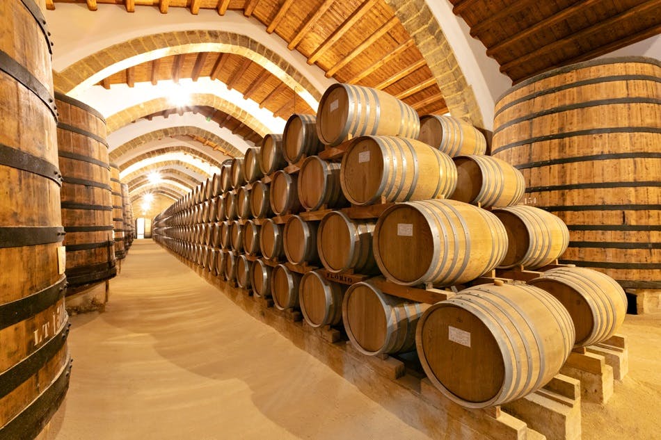 Stacks of barrels in the Cantine Florio Marsala cellar