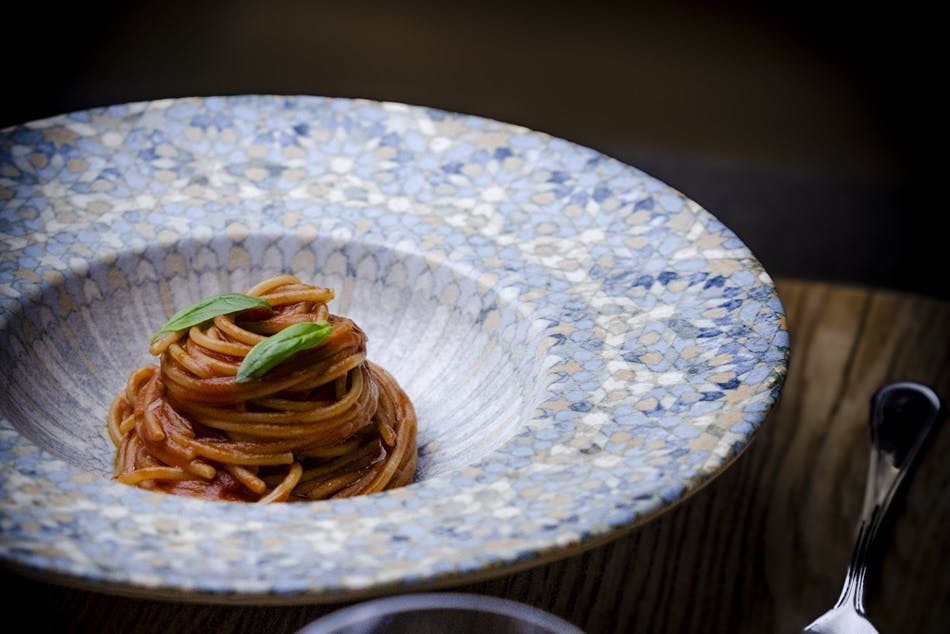 Bowl of Cosi Come Spaghetti with Pizzutello Tomato Puree