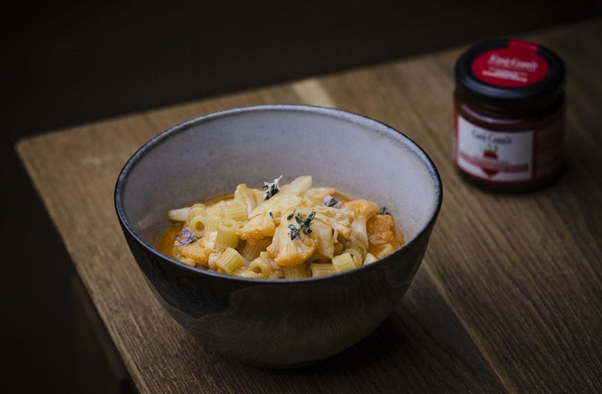 Bowl of Cauliflower-Tomato Soup with Tubetti Pasta Cosi Come