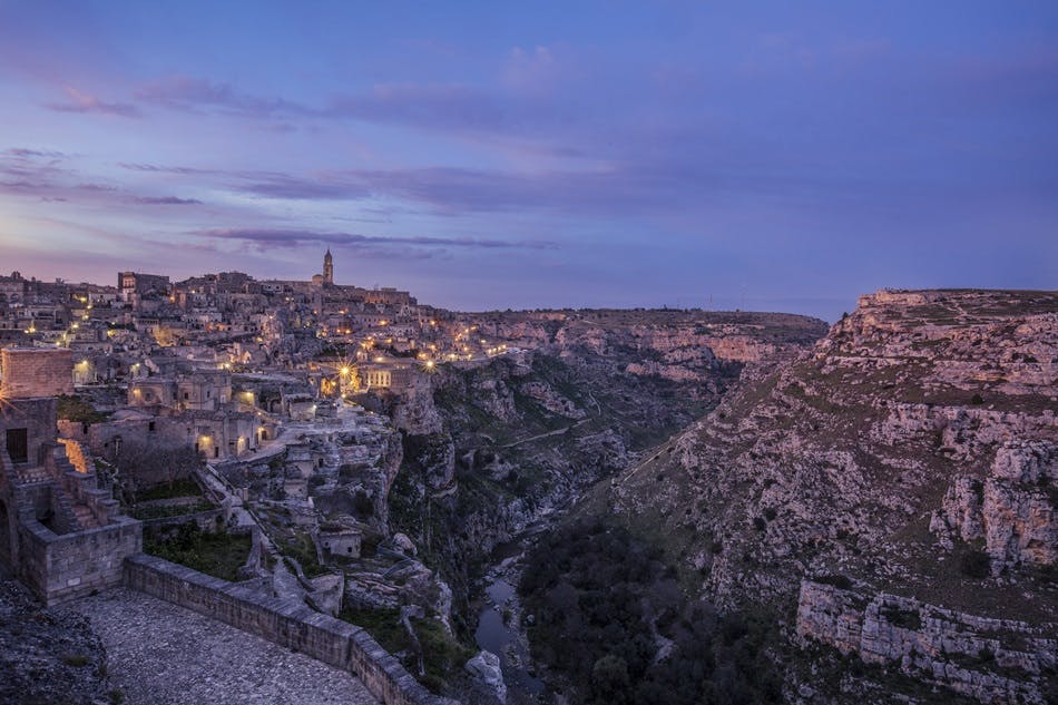 A town in Regione Basilicata at night