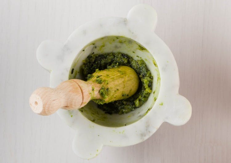 Pesto genovese in mortar and pestle