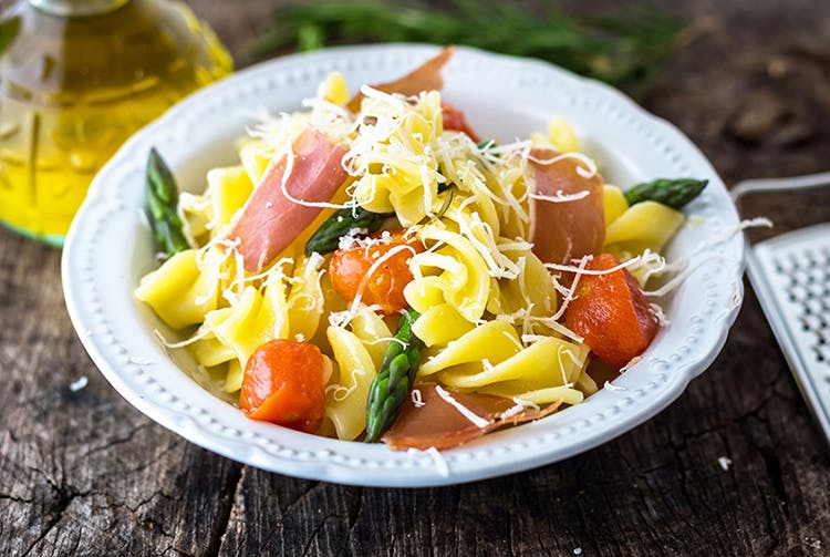 Fusilli pasta with asparagus, Prosciutto Toscano DOP, and Pecorino Toscano DOP cheese