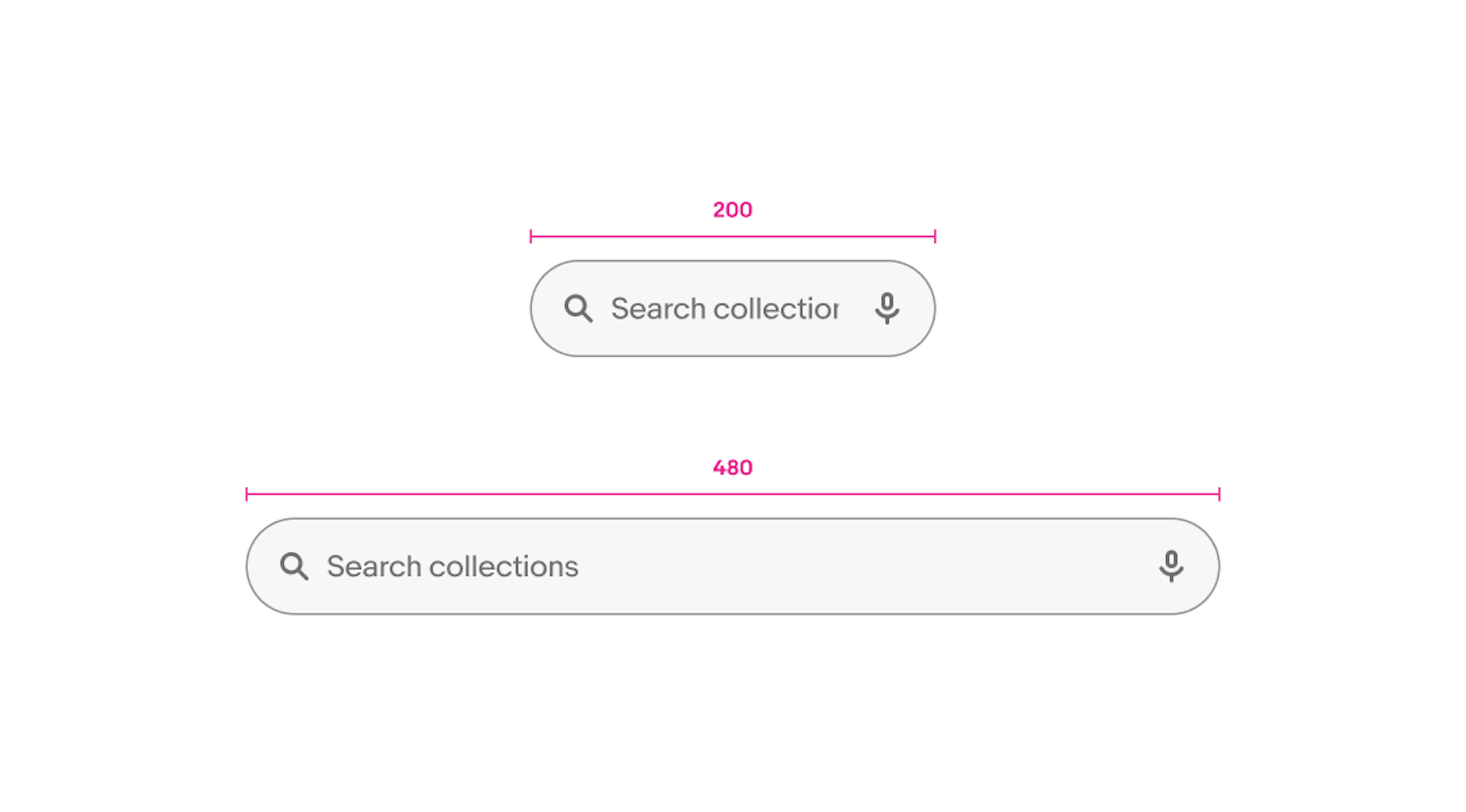 Search bars shown at 200px and 480px widths with identical structure.