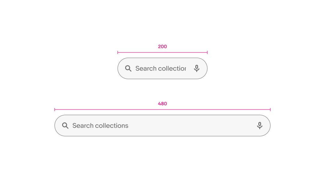 Search bars shown at 200px and 480px widths with identical structure.