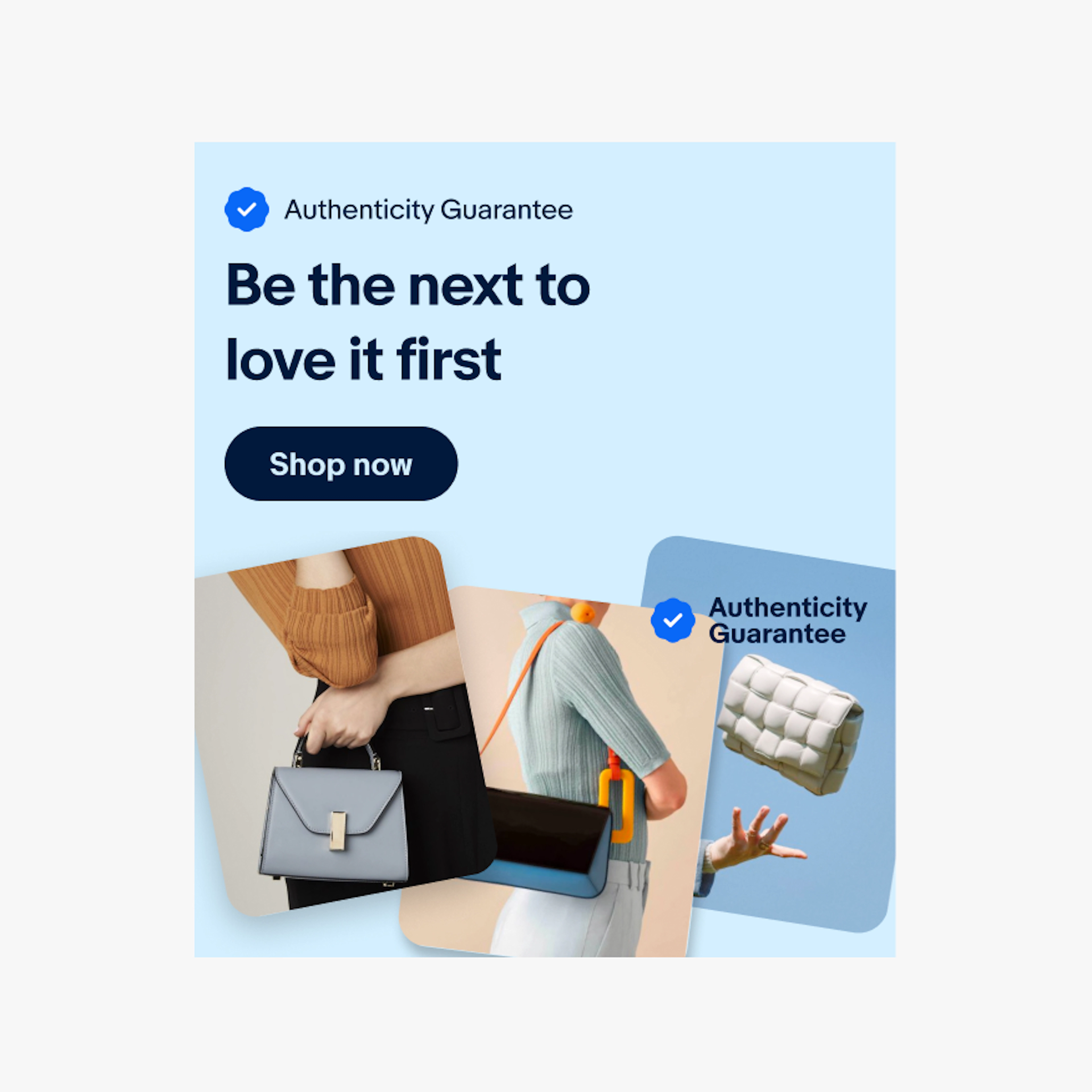 Indigo banner with a title, body copy and button. In this version, the checkmark icon and “Authenticity Guarantee” is overlapping the image and baked into the photo.