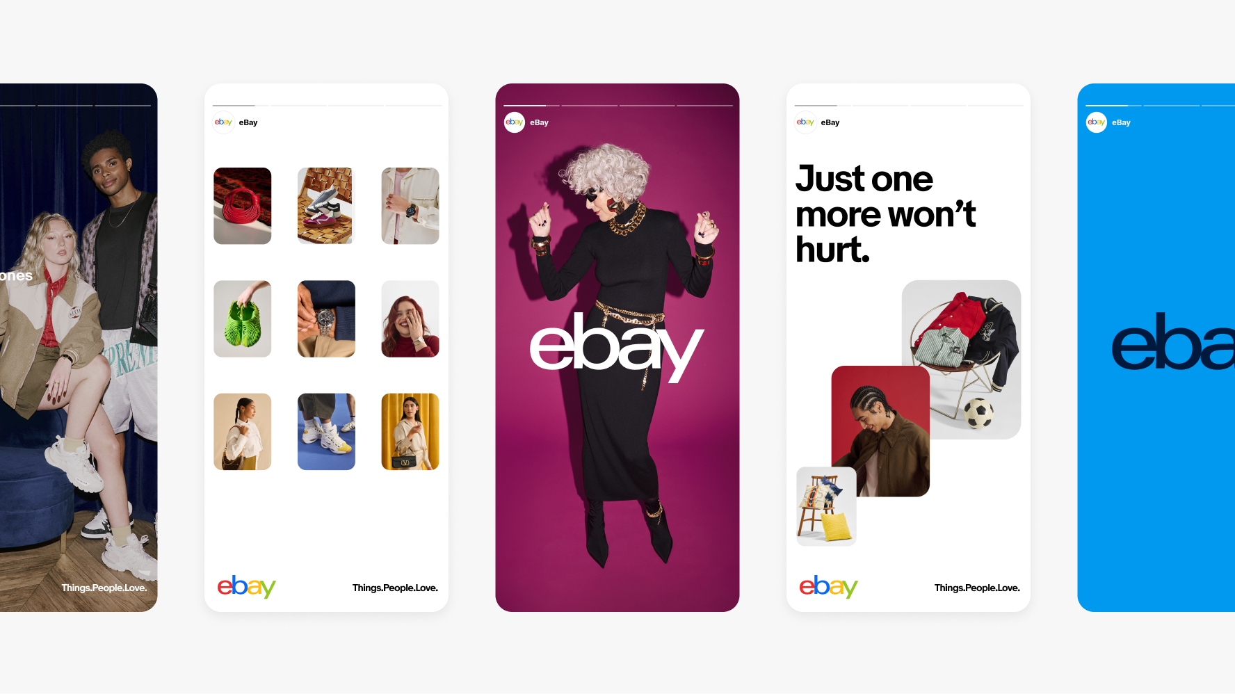 A collection of colorful UI screens in a row displaying the logo in different ways. Some are over photography, tone-on-tone, and heritage on white backgrounds.
