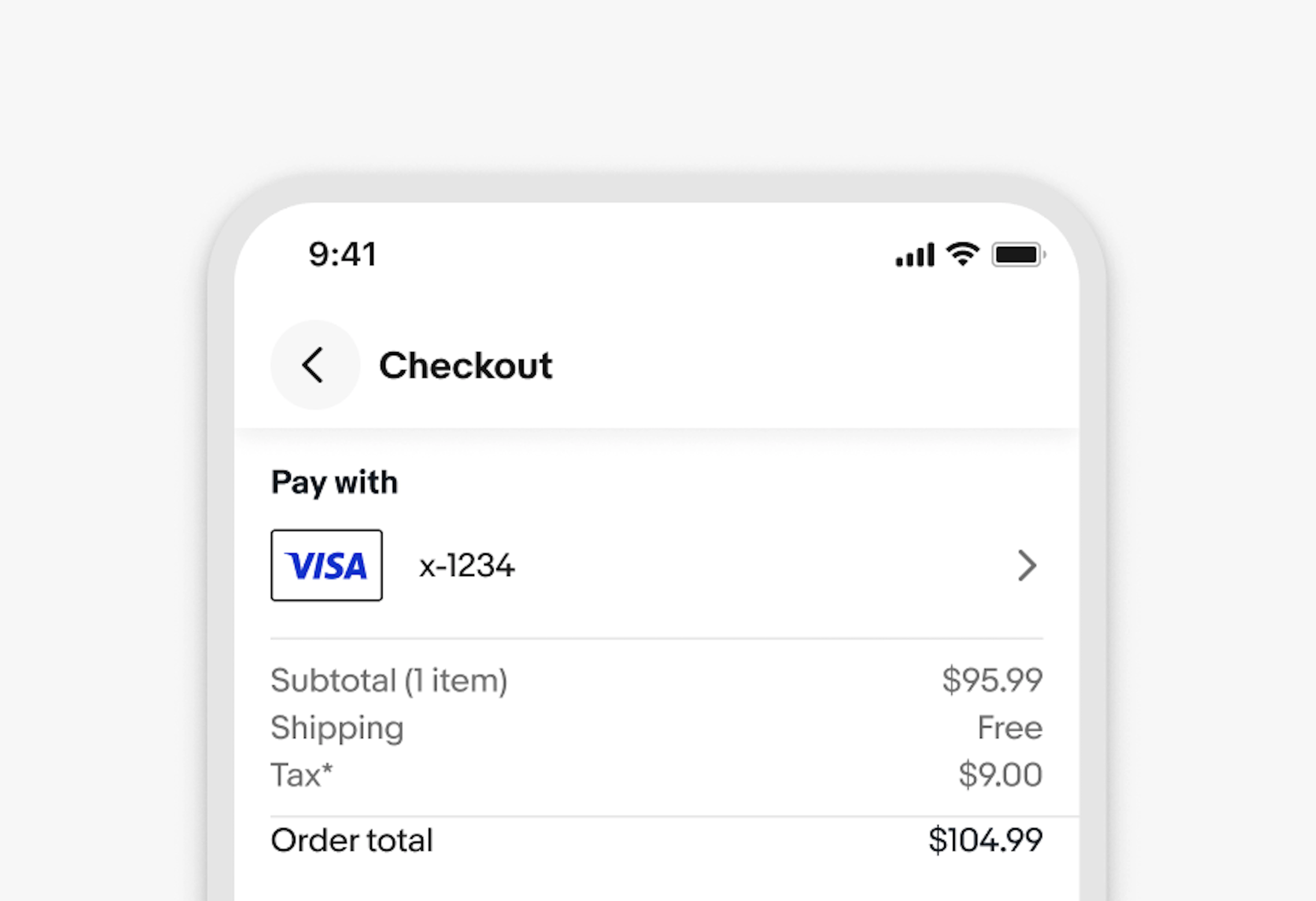 Checkout screen where Pay with shows Visa ending in 1234 beside a Change action, above the order summary.