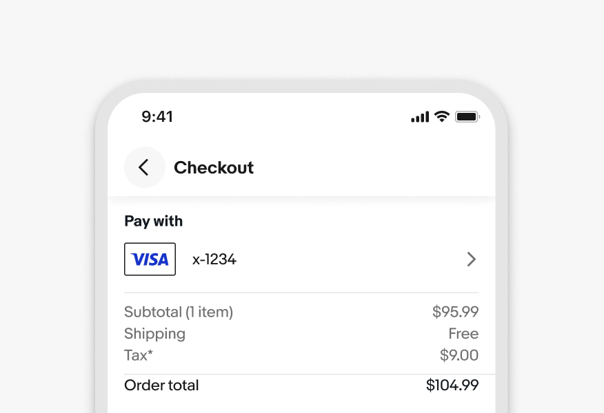 Checkout screen where Pay with shows Visa ending in 1234 beside a Change action, above the order summary.