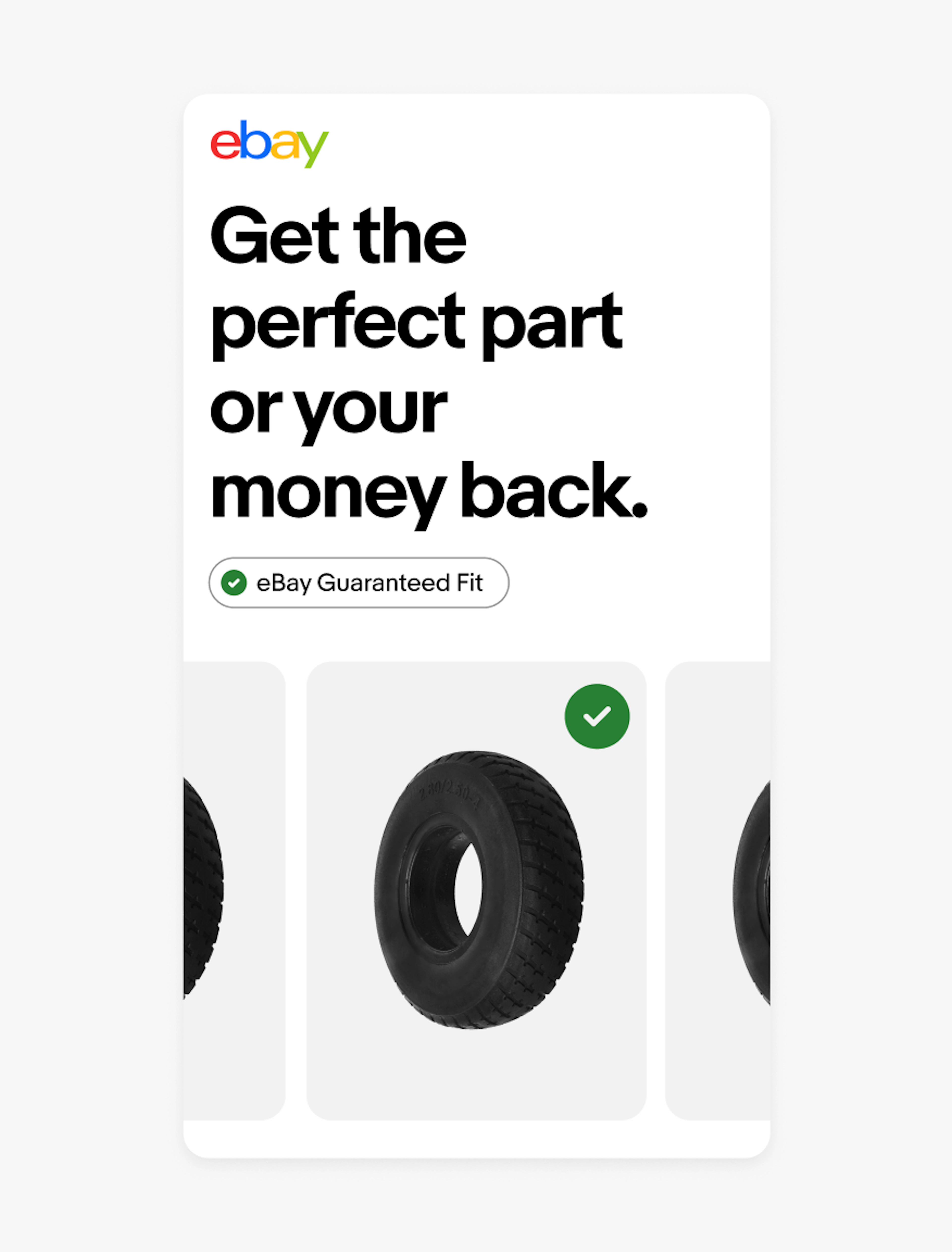 A social ad for eBay Guaranteed Fit. The heritage logo is in the upper left on a white background.