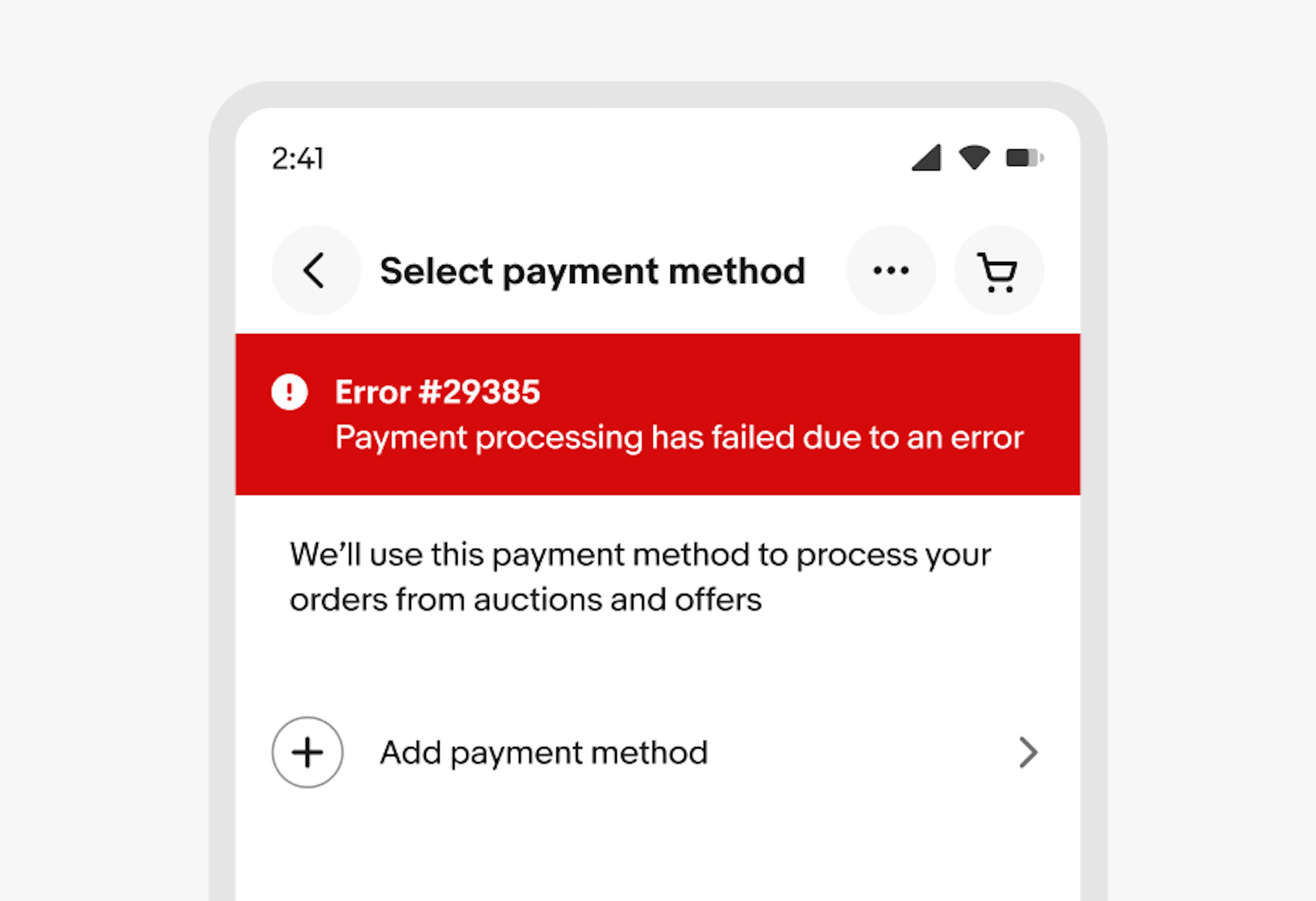 Page-level alert notice with header "Error #29385" and body "Payment processing has failed due to an error"
