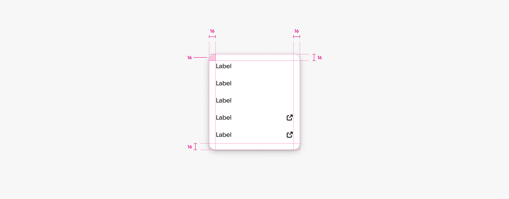 Menu spacing diagram showing 16px margins and padding; list with leading icons and trailing checkmark on Item 1.
