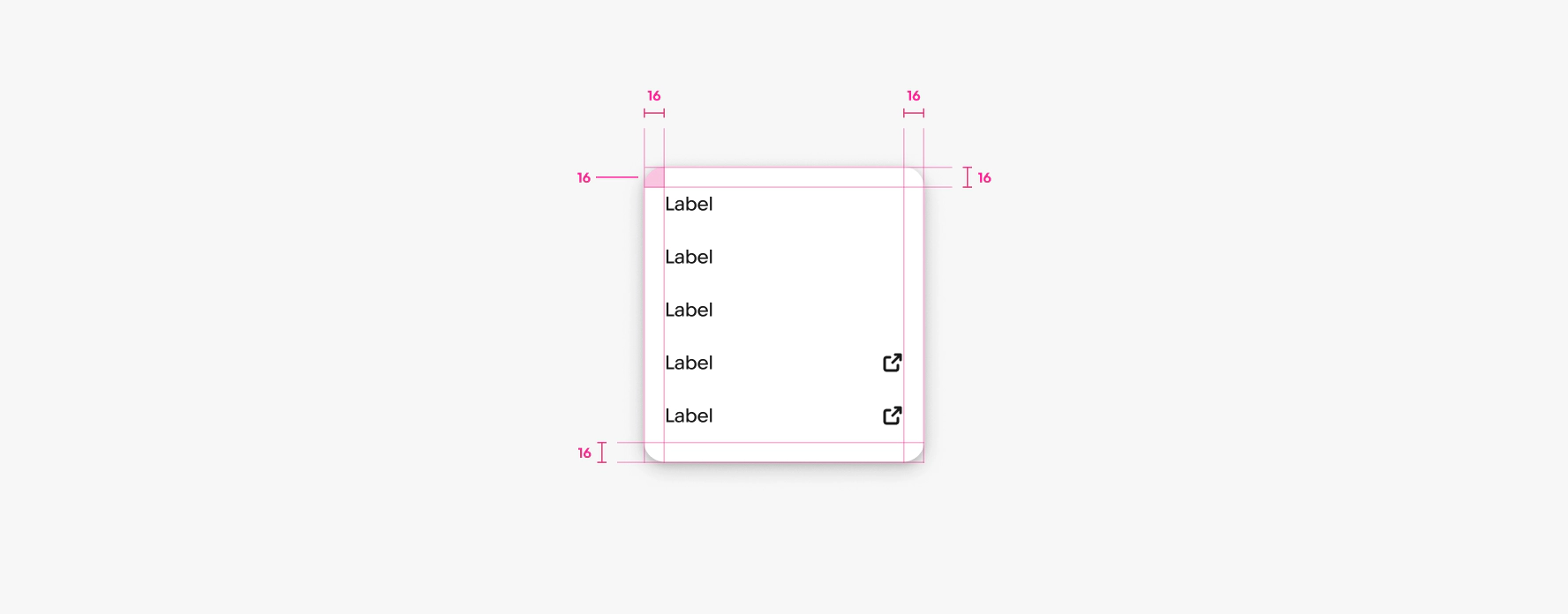Menu spacing diagram showing 16px margins and padding; list with leading icons and trailing checkmark on Item 1.