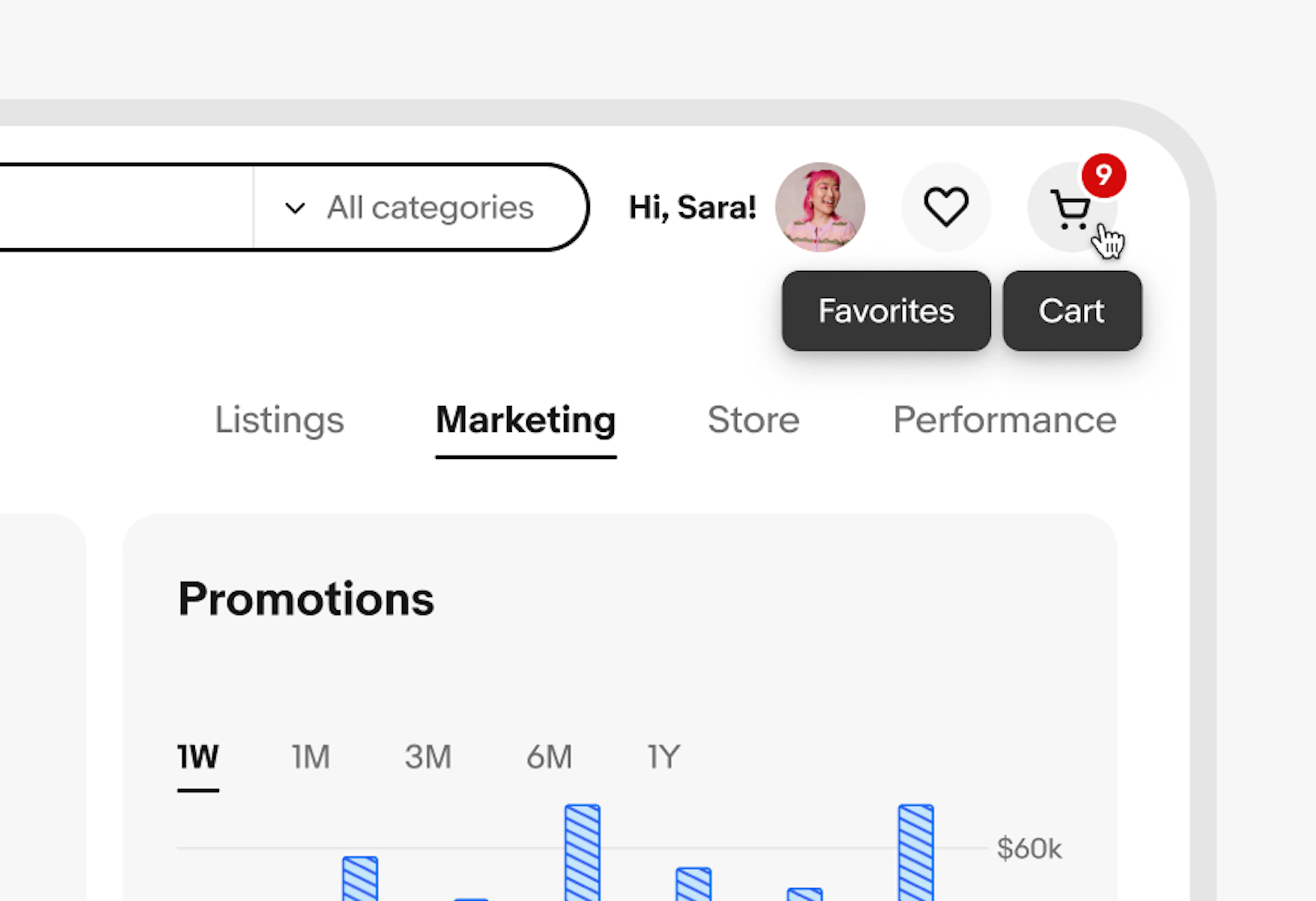 A ‘Favorites’ tooltip sits below a ‘Favorites’ icon button, next to a ‘Cart’ tool tip situated below a ‘Cart icon button.