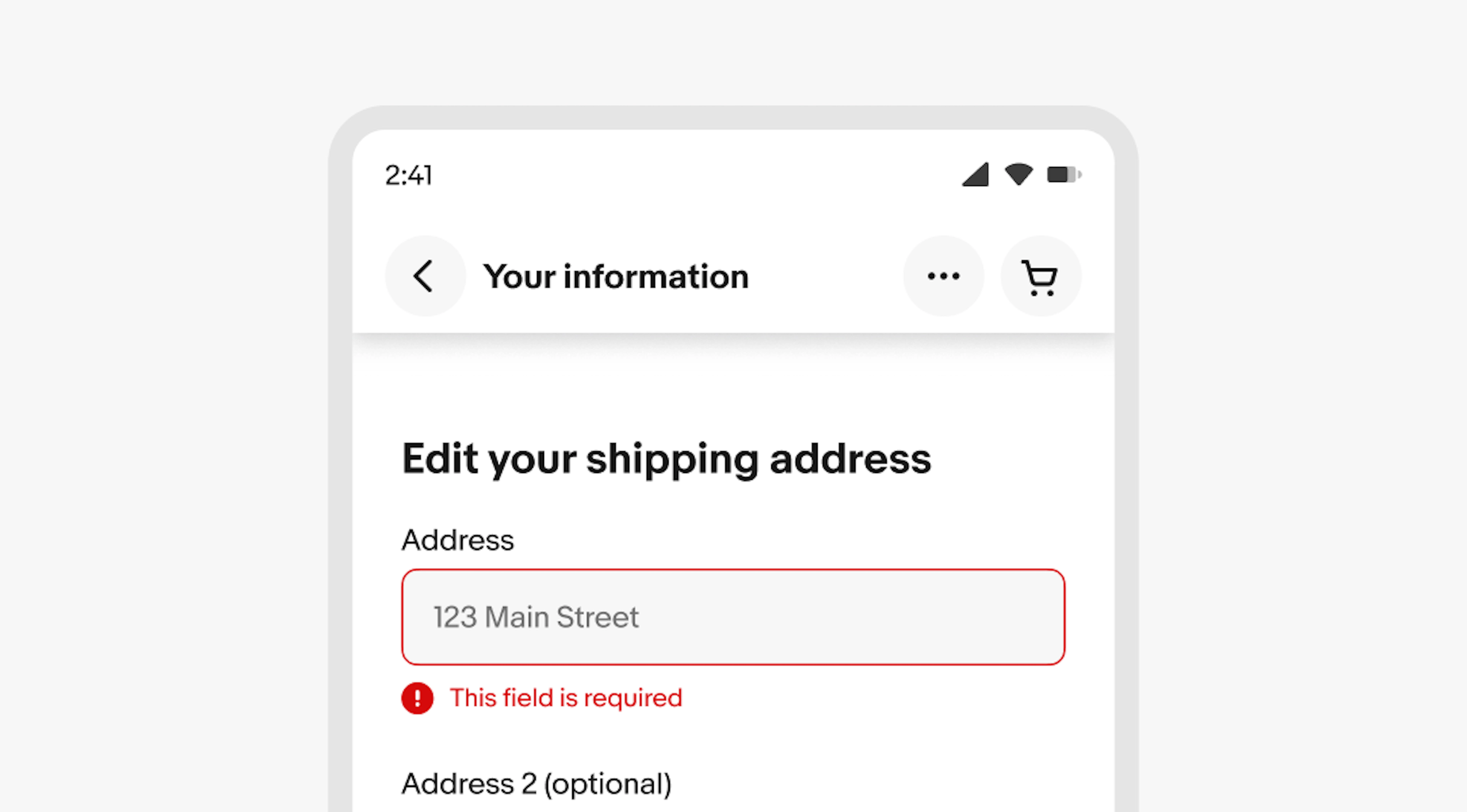 Your information page with a blank input field for the address displaying the input field's error state. Below is red text, "This field is required"T