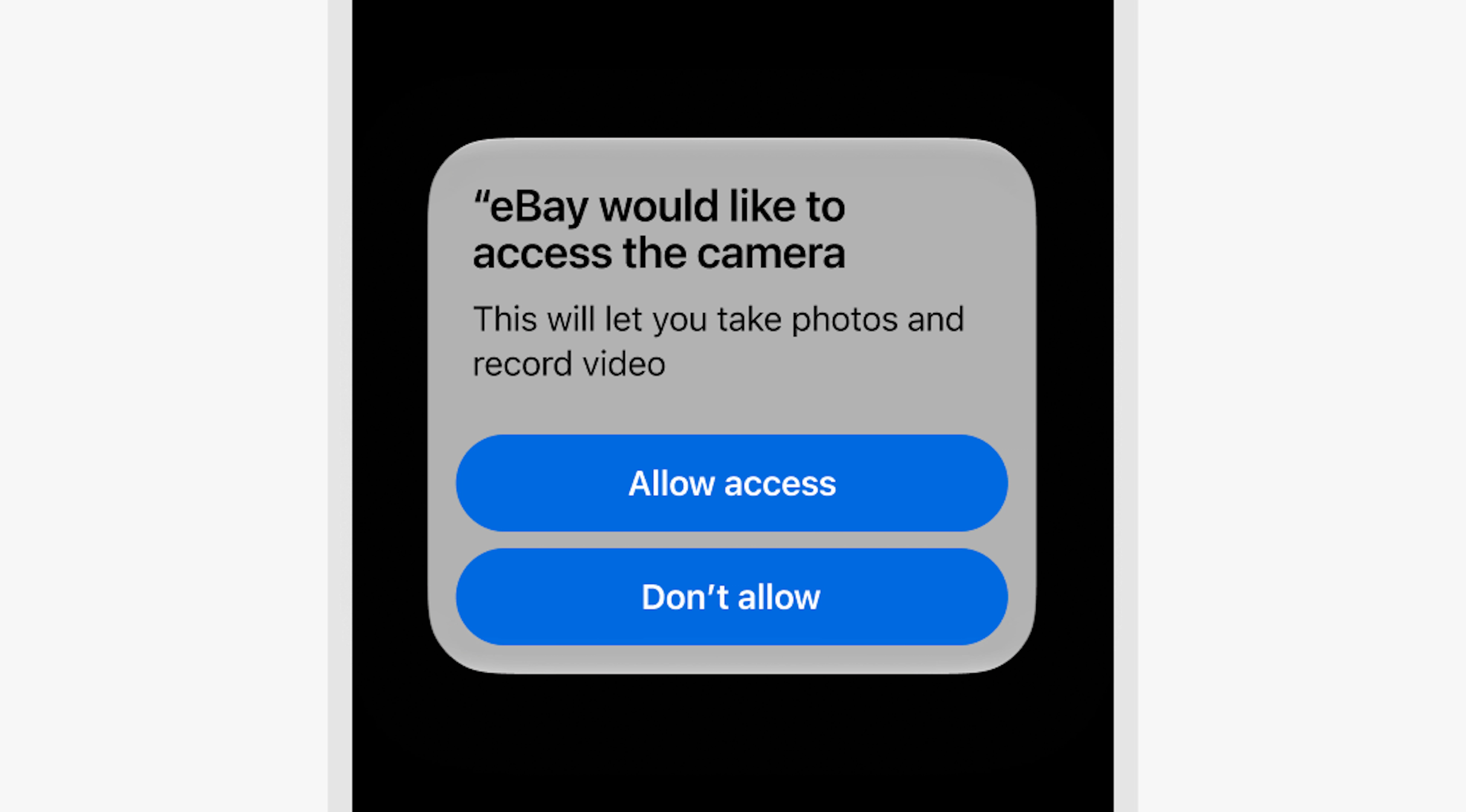 Native iOS dialog box with header, "'eBay' would like to access the camera, body "This will let you take photos and record video" and two CTAs "Allow access" and "Don't allow"