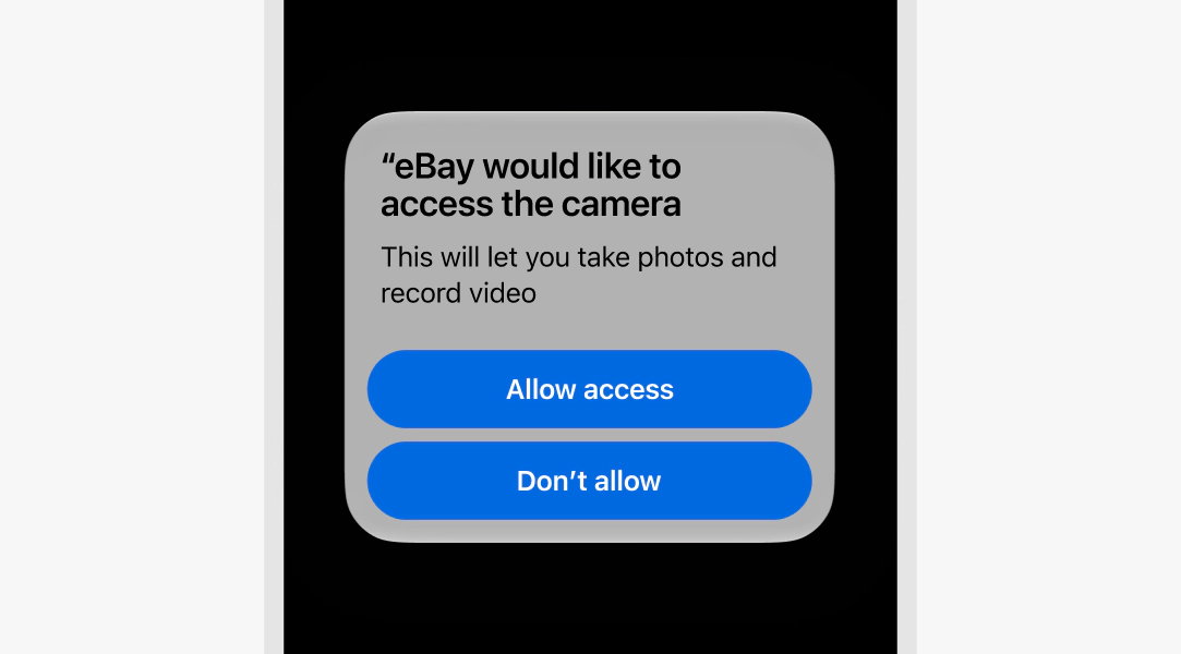 Native iOS dialog box with header, "'eBay' would like to access the camera, body "This will let you take photos and record video" and two CTAs "Allow access" and "Don't allow"