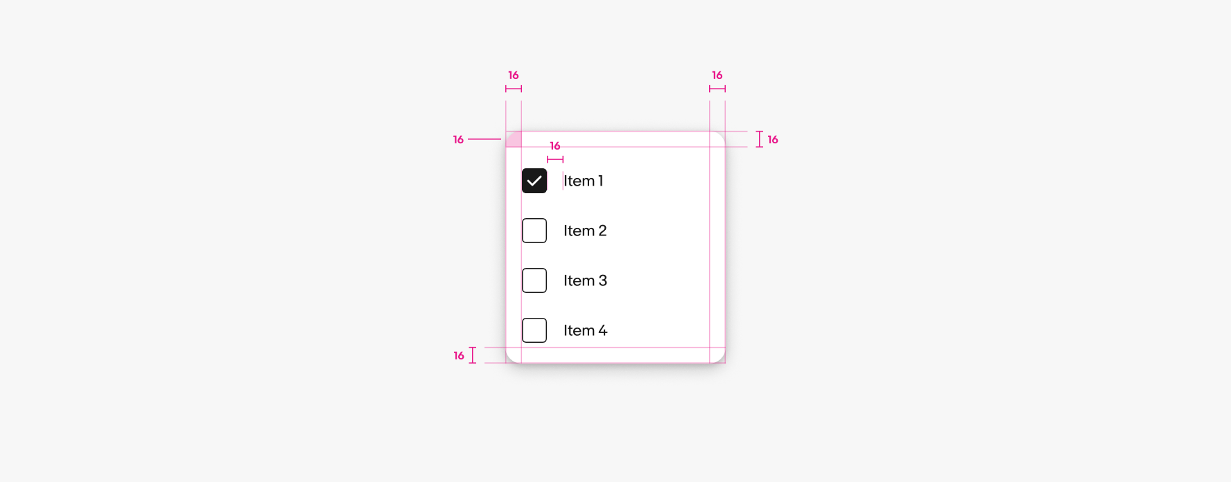 Menu spacing diagram showing 16px margins and padding; list with leading icons and trailing checkmark on Item 1.