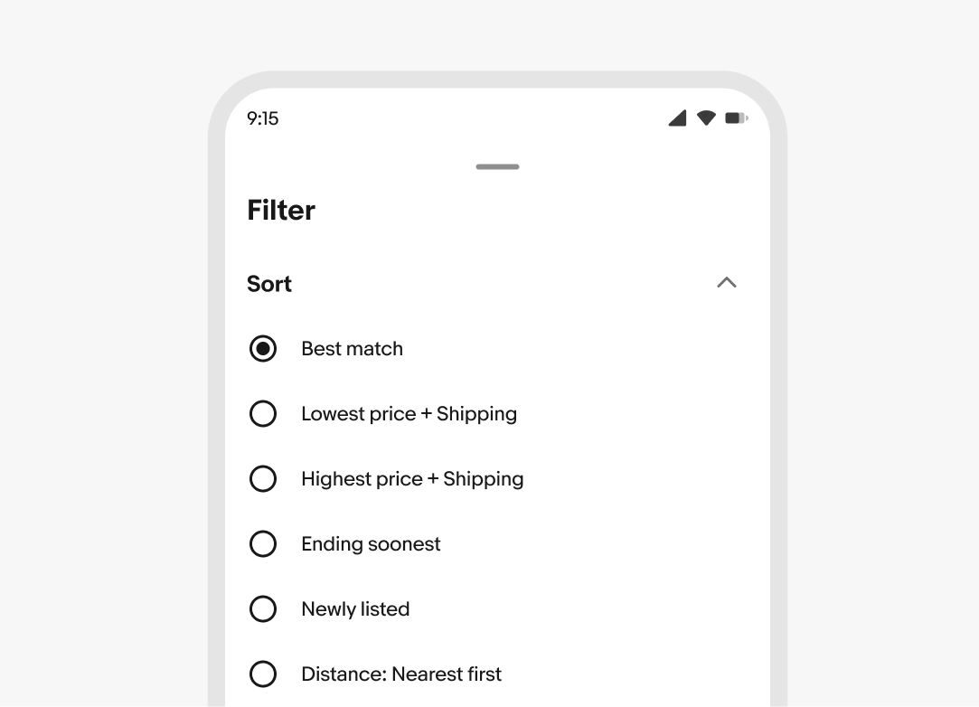 Example of a sheet container partially open with a list of selectable categories