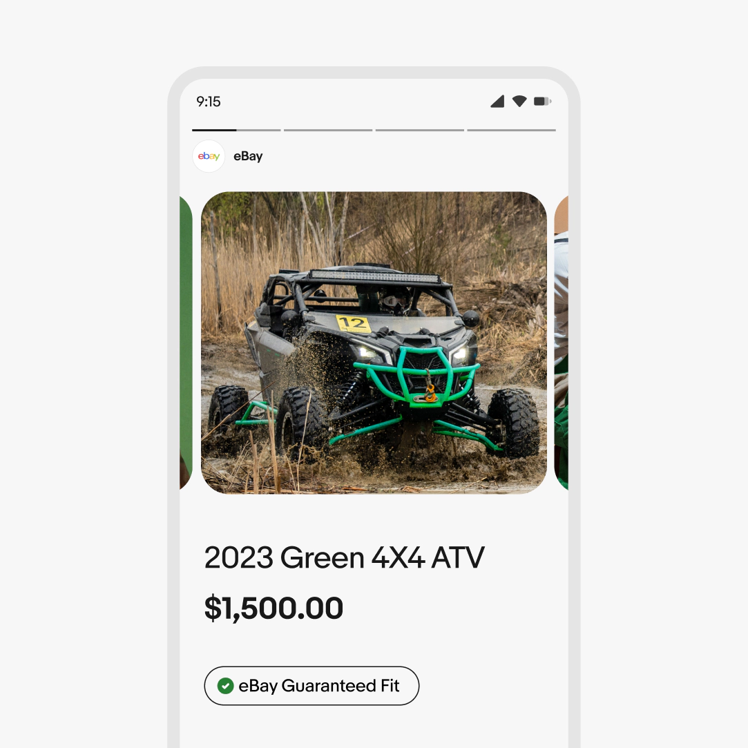 A vibrant green utility terrain vehicle layout with a program badge that conveys Guaranteed Fit.