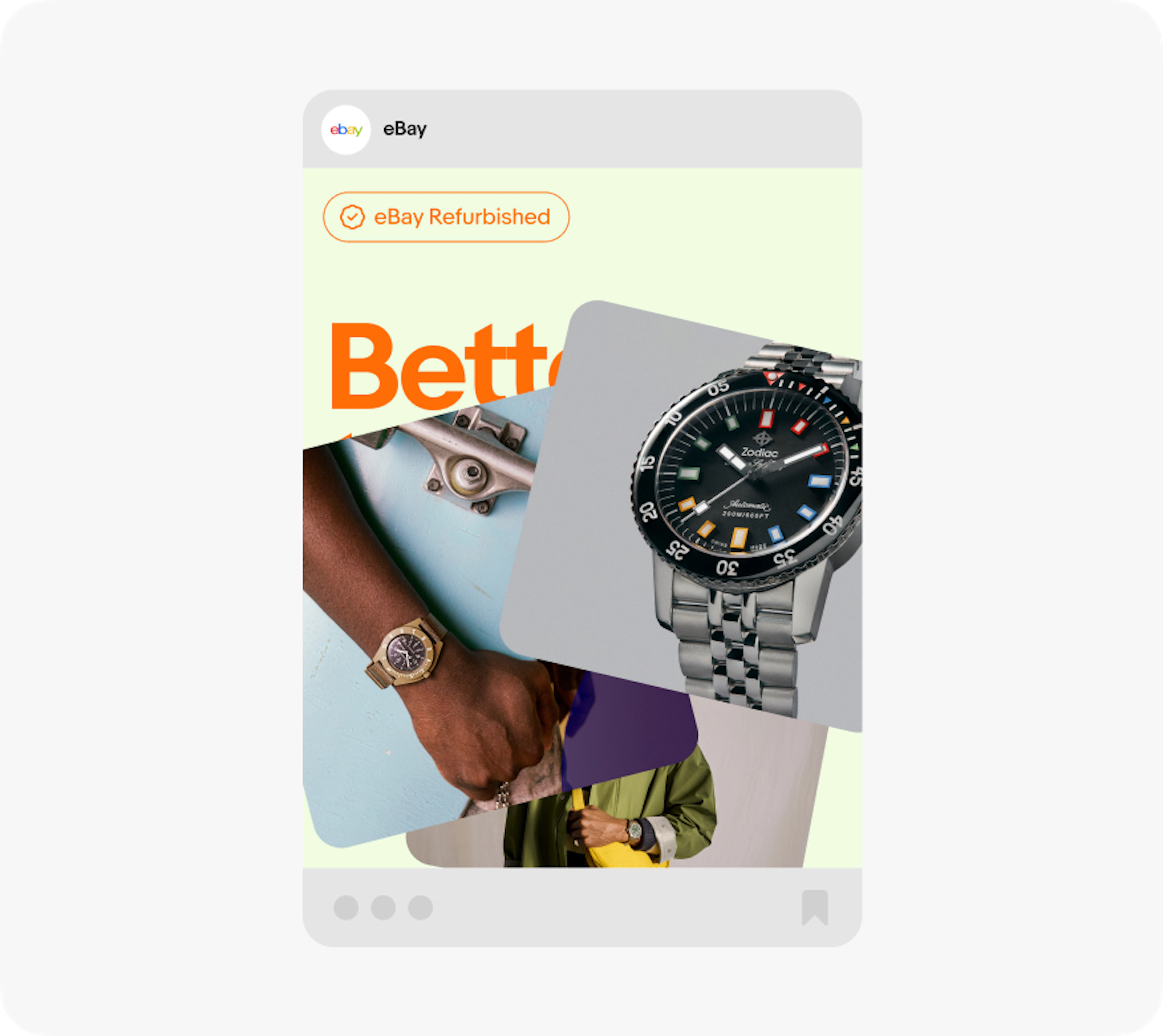 An eBay social post of three stacked images on top of a light yellow background with orange text.