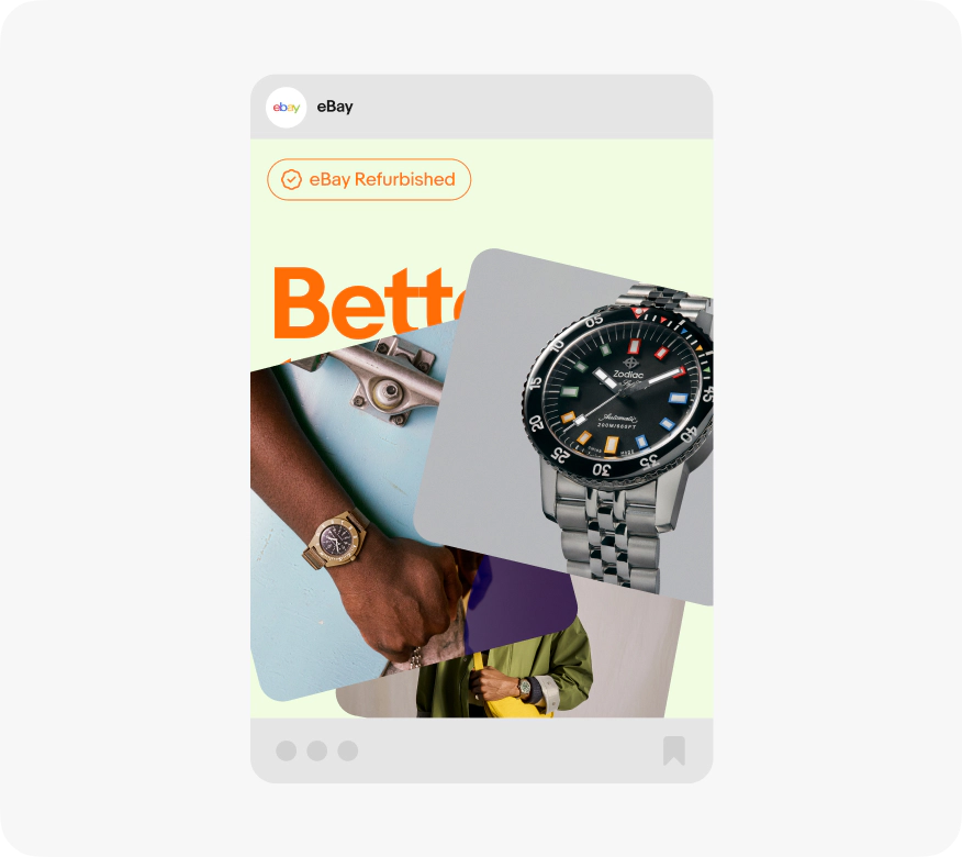An eBay social post of three stacked images on top of a light yellow background with orange text.