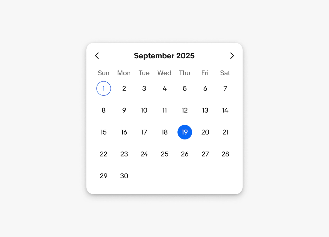 A default picker for the month of September. The current date is the 1st. The selected date is the 19th.