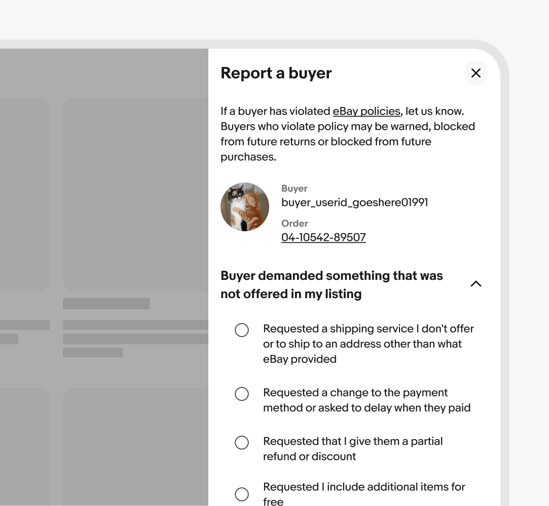 Report a buyer dialog over a dimmed page, with an expanded complaint category and selectable reasons.