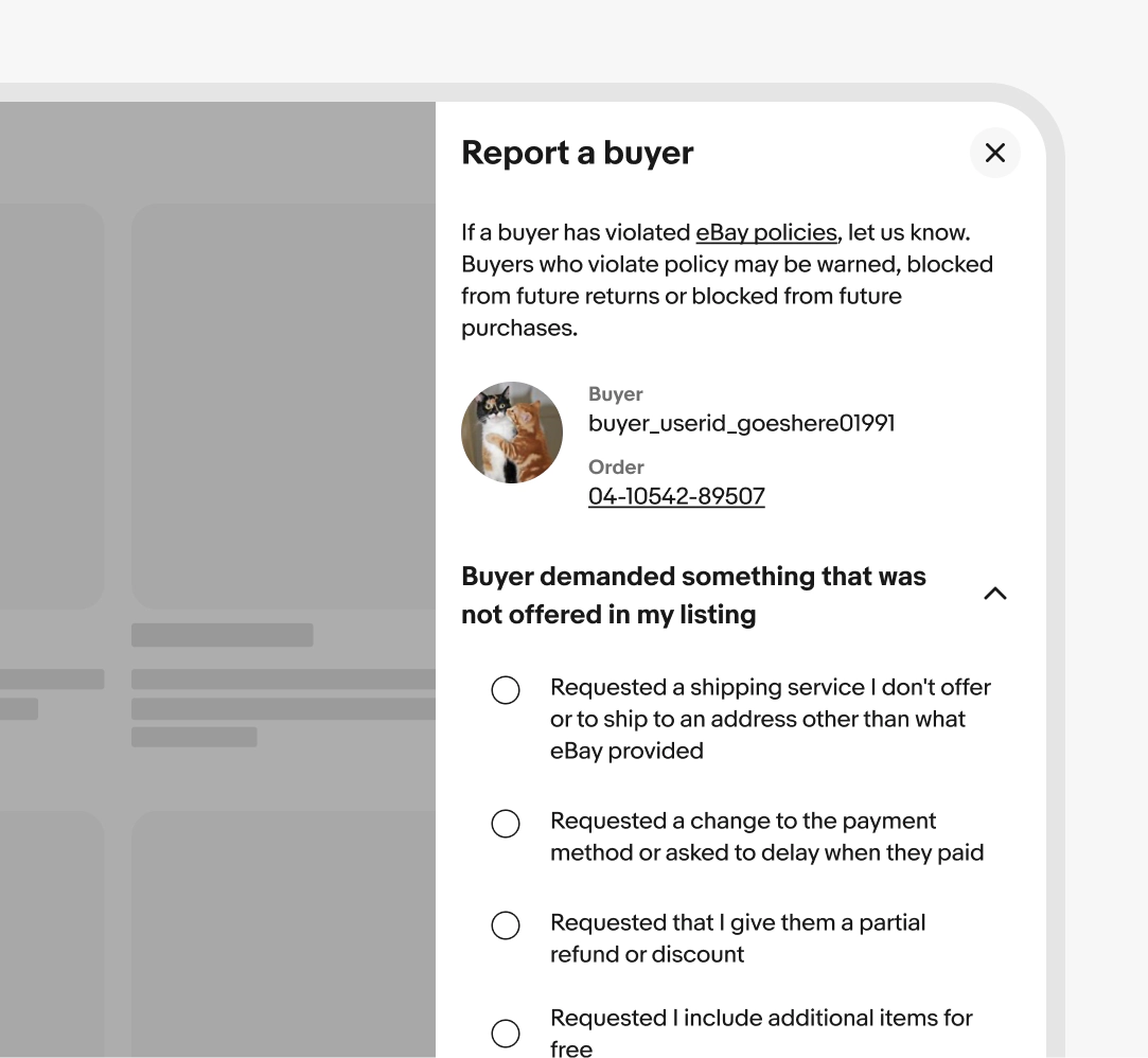 Report a buyer dialog over a dimmed page, with an expanded complaint category and selectable reasons.