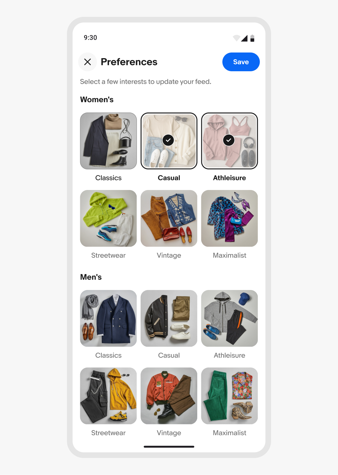 Example of a focus sheet on Android covering the entire screen with no visible stack of sheets behind. The content area presents options for clothing preferences.