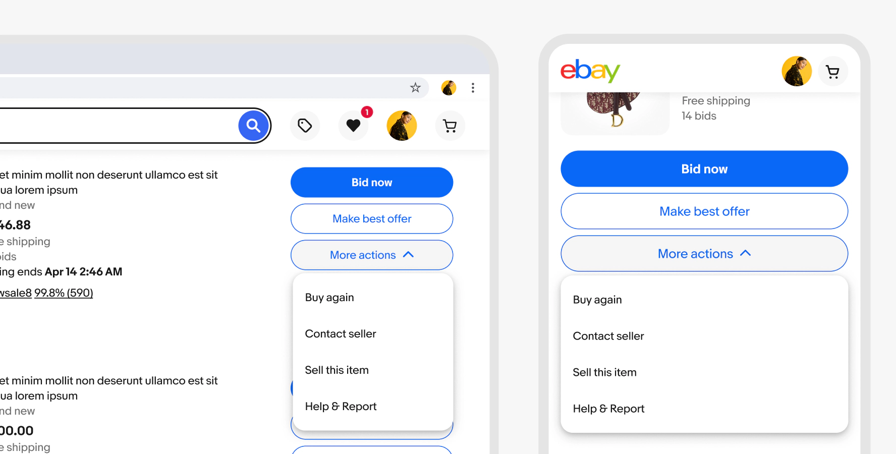 Web layout showing a menu anchored to a menu button on a large and small screen; actions include Buy again, Contact seller, Sell this item, Help & Report