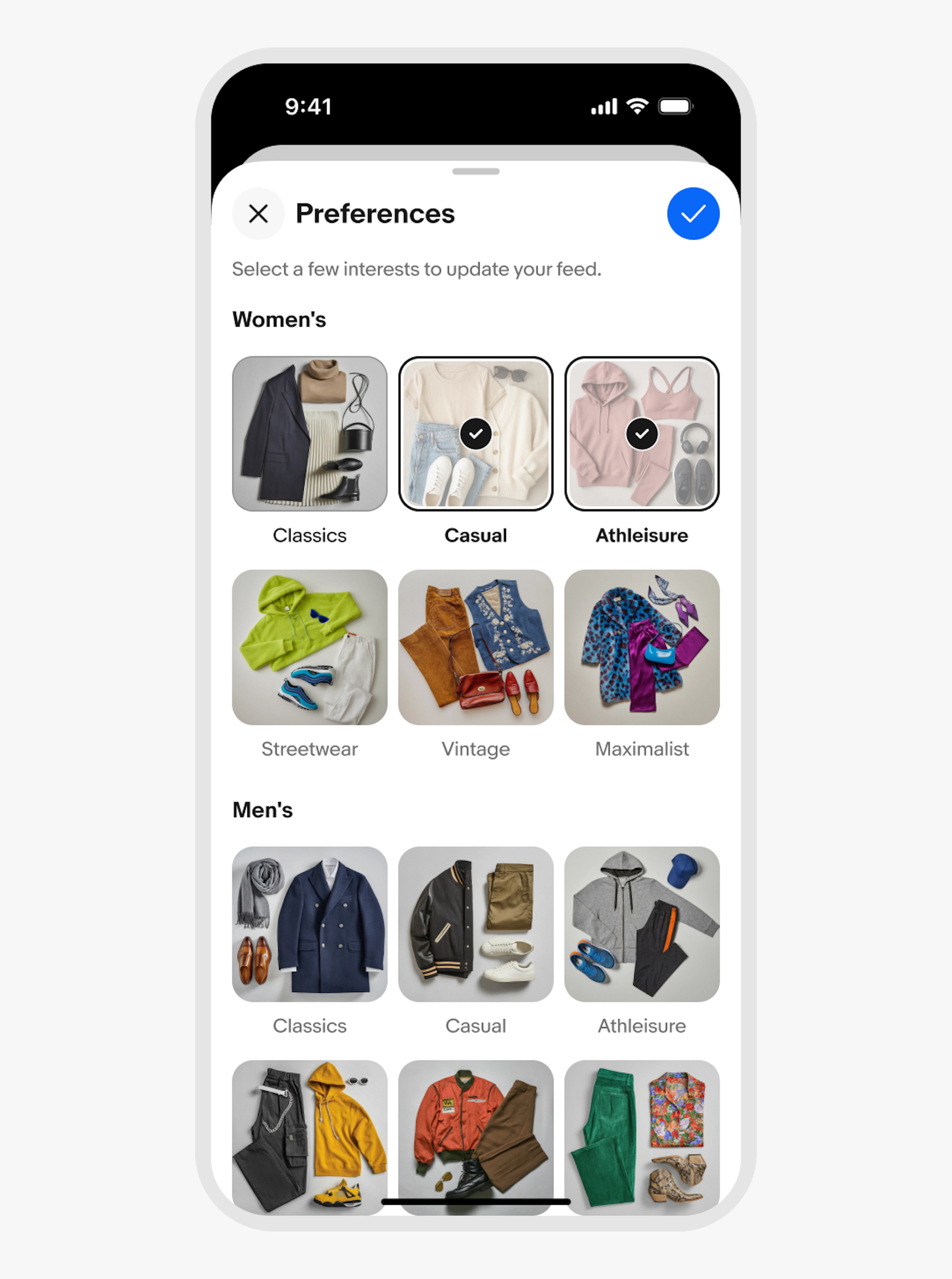 Example of a sheet on iOS expressing iOS-specific styling to the modal stack and sheet corner radius. The content area presents options for clothing preferences.