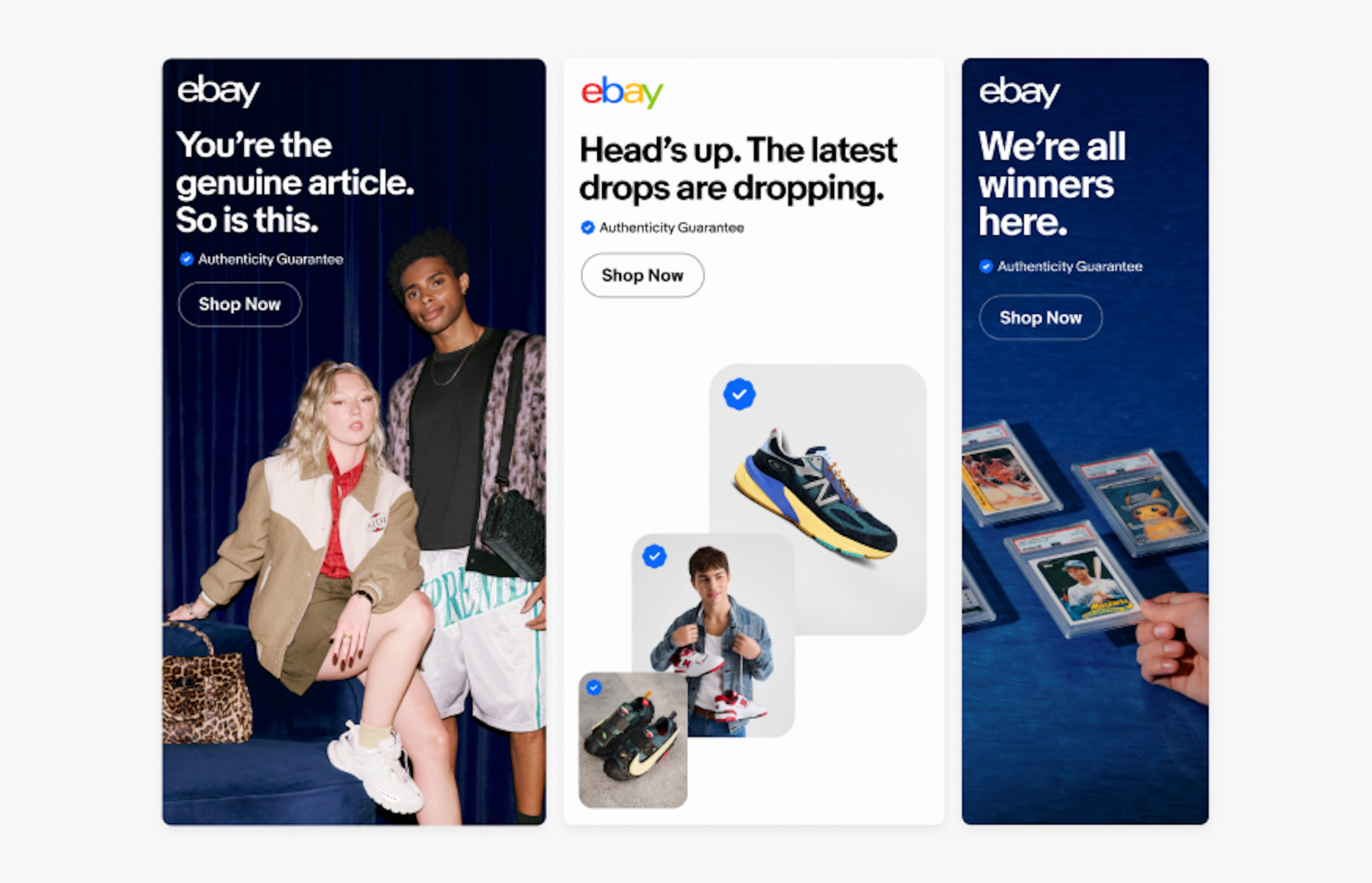 A variety of social ads in different widths all for authenticity guarantee. Some are full bleed images and others are stacks of image cards.