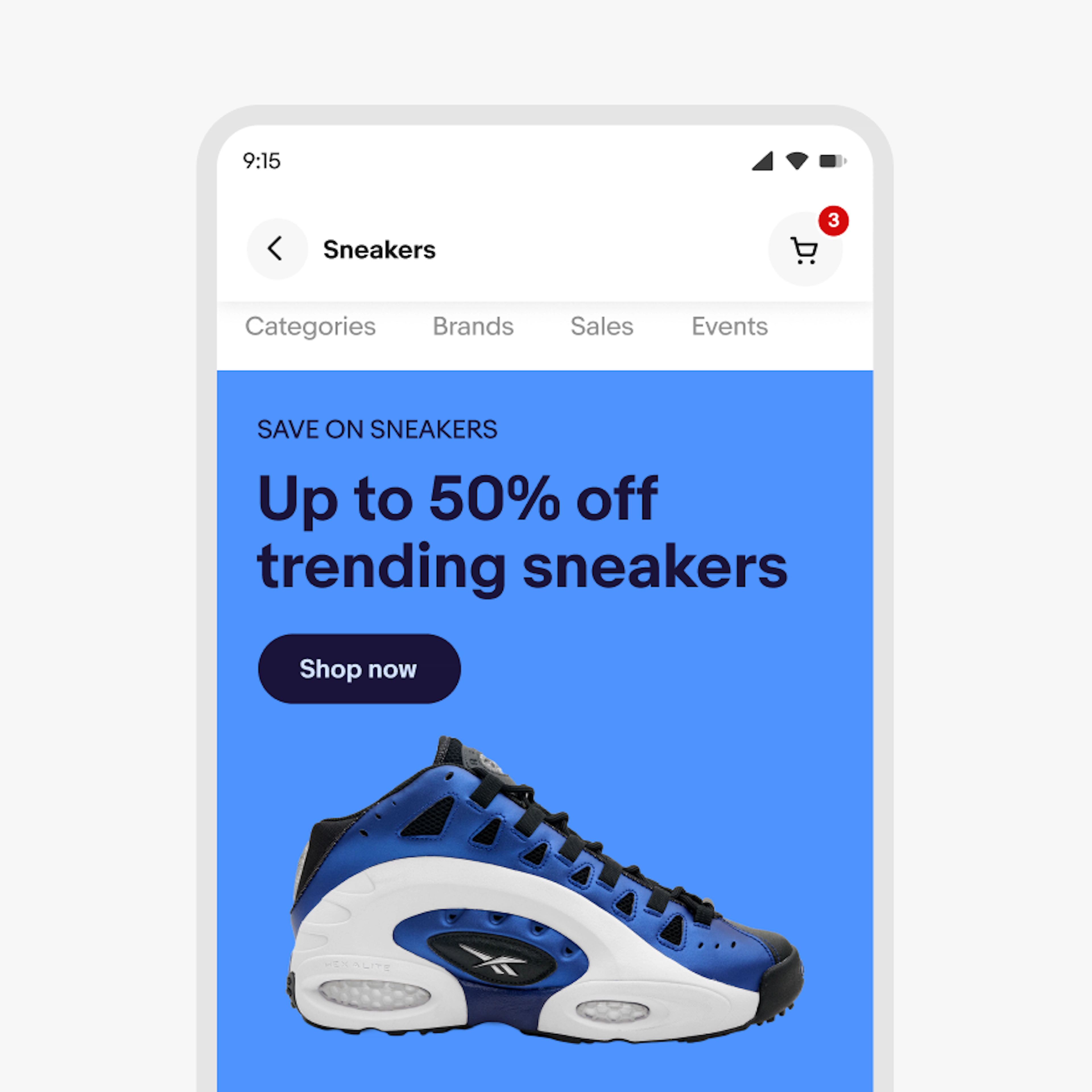 Example of a banner in light mode with the page title in white on a black background. The mobile shopping banner features a blue, black, and white sneaker. Text reads, “Save on sneakers. Up to 50% off trending sneakers,” with a “Shop now” button.