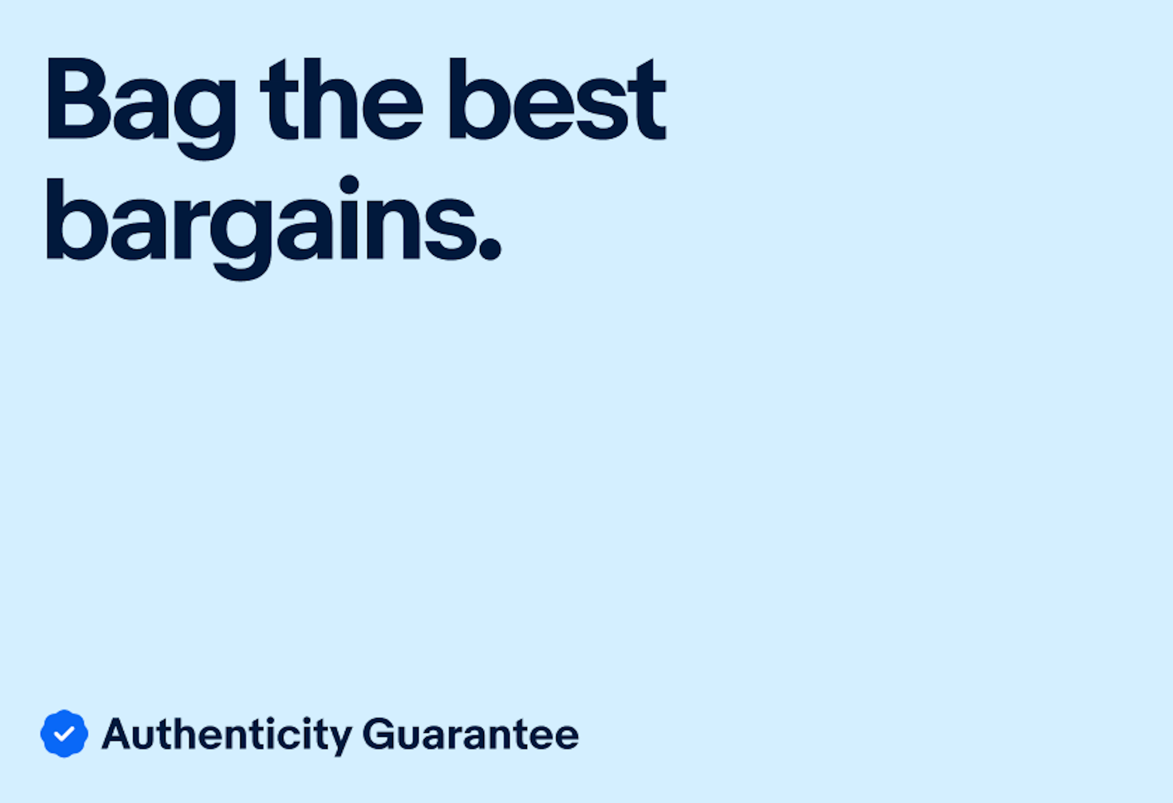 A filled ‘Authenticity Guarantee’ UI Element with a blue-filled authenticity guarantee icon sits in the bottom left corner of a digital eBay ad with blue tone-on-tone text and background.