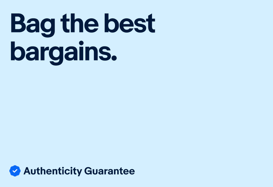 A filled ‘Authenticity Guarantee’ UI Element with a blue-filled authenticity guarantee icon sits in the bottom left corner of a digital eBay ad with blue tone-on-tone text and background.