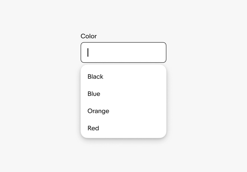 An empty combobox with a popover list sits to the left of a combobox with characters entered and a popover list related to the characters.