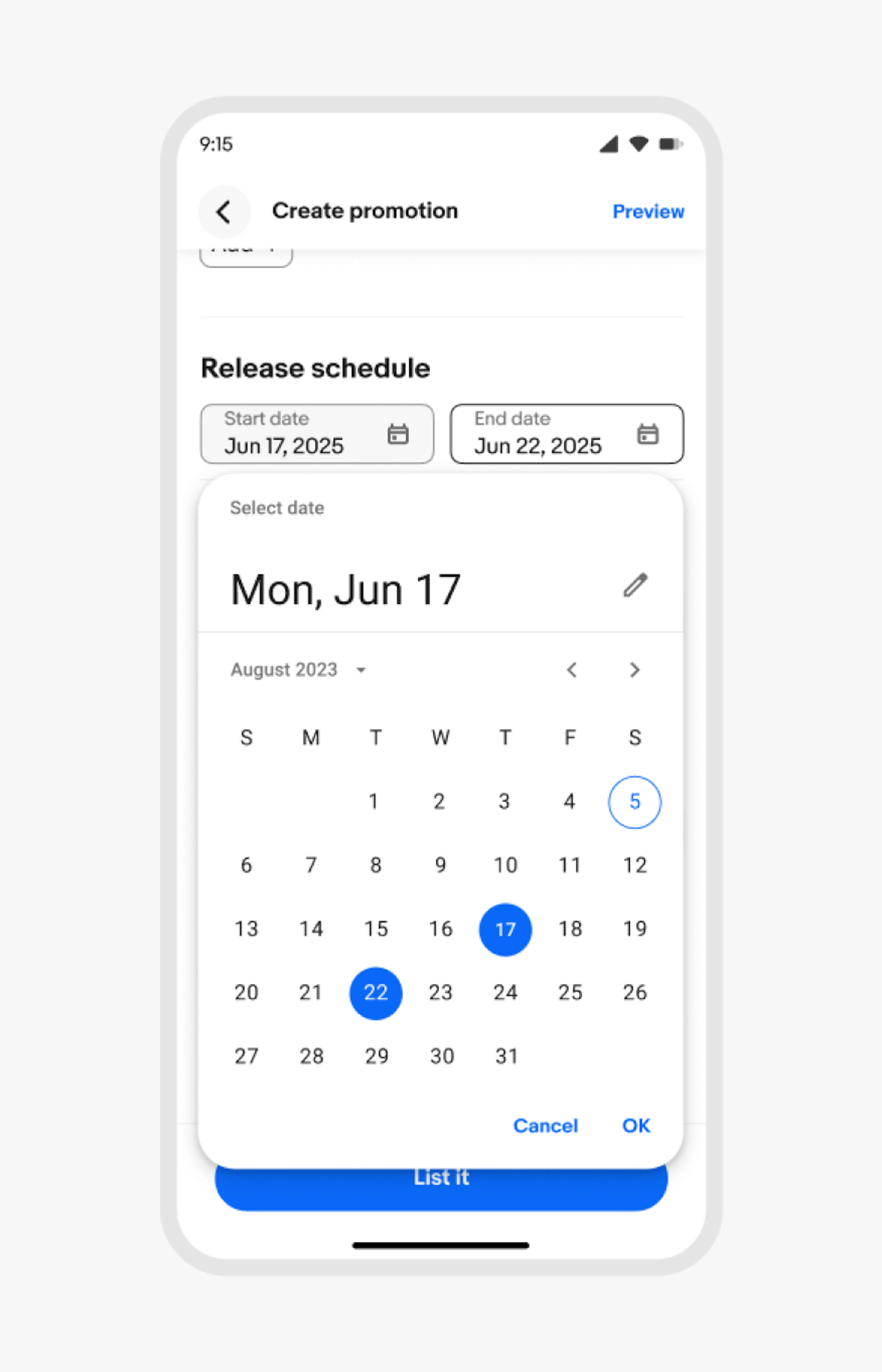 A native iOS date picker in popover form.