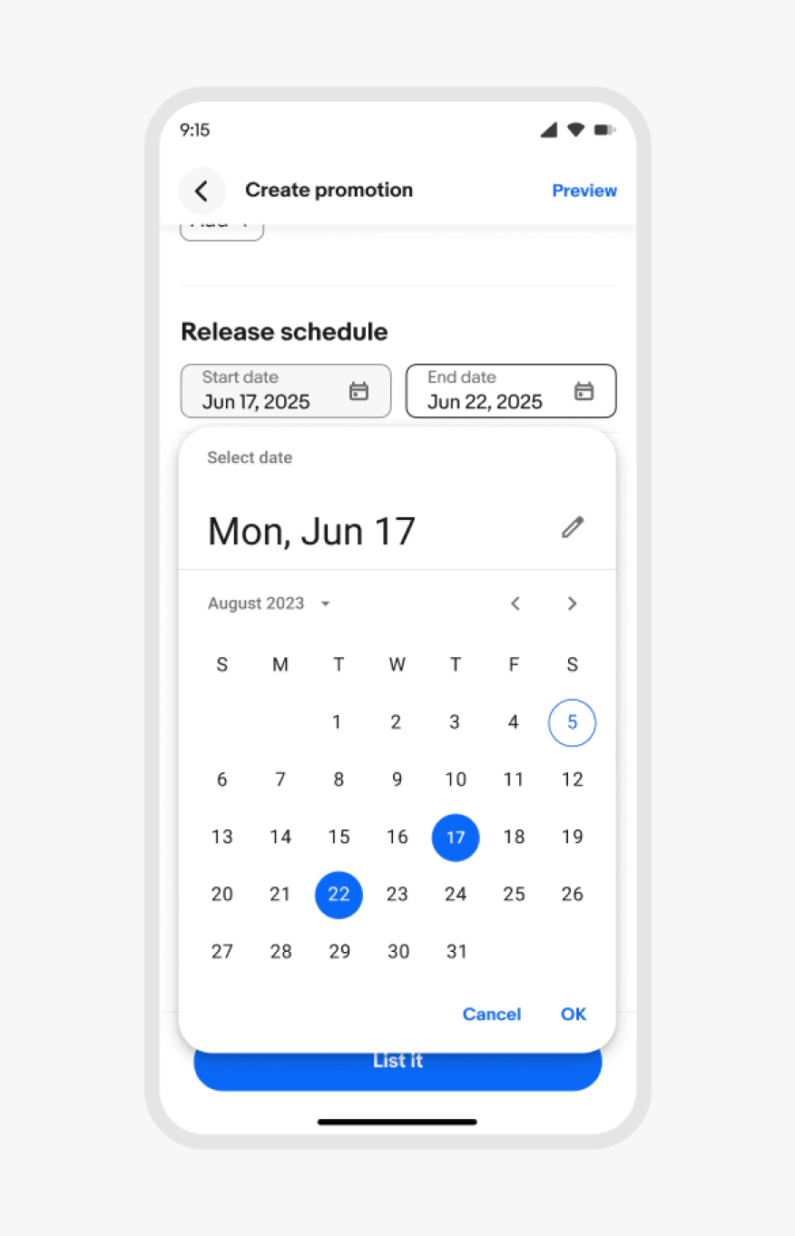 A native iOS date picker in popover form.