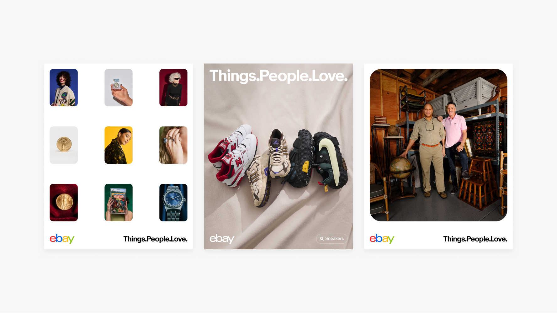 Three social ads with the eBay tagline. The first is on white with a grid of images above it. The second is a white tagline over an image. The third is on white in the lower right of a layout.