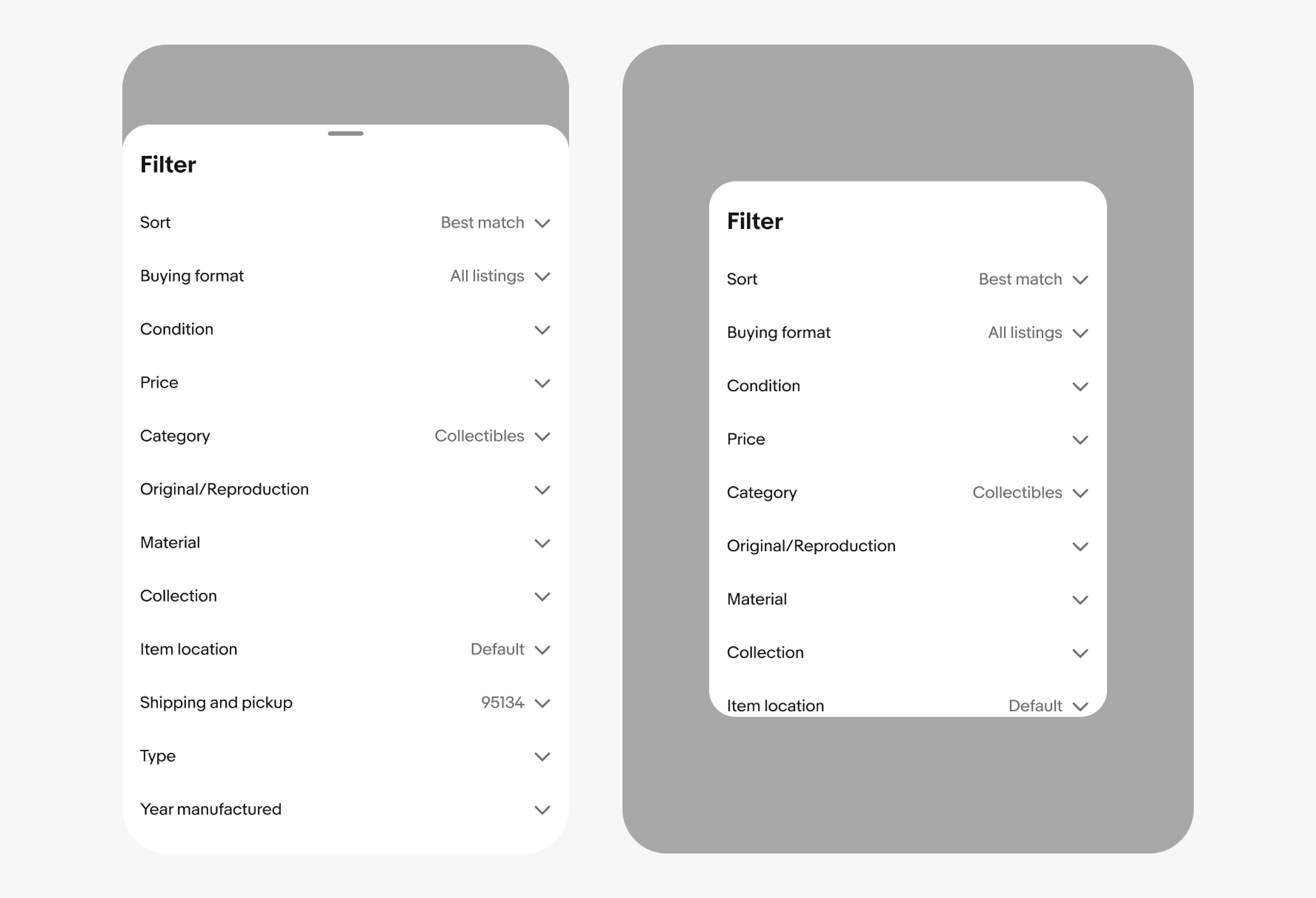 Two examples showing the alignment of a context sheet on small and large screens. Left: a sheet presented from the bottom on a compact screen. Right: Sheet presented from the trailing edge of a tablet.