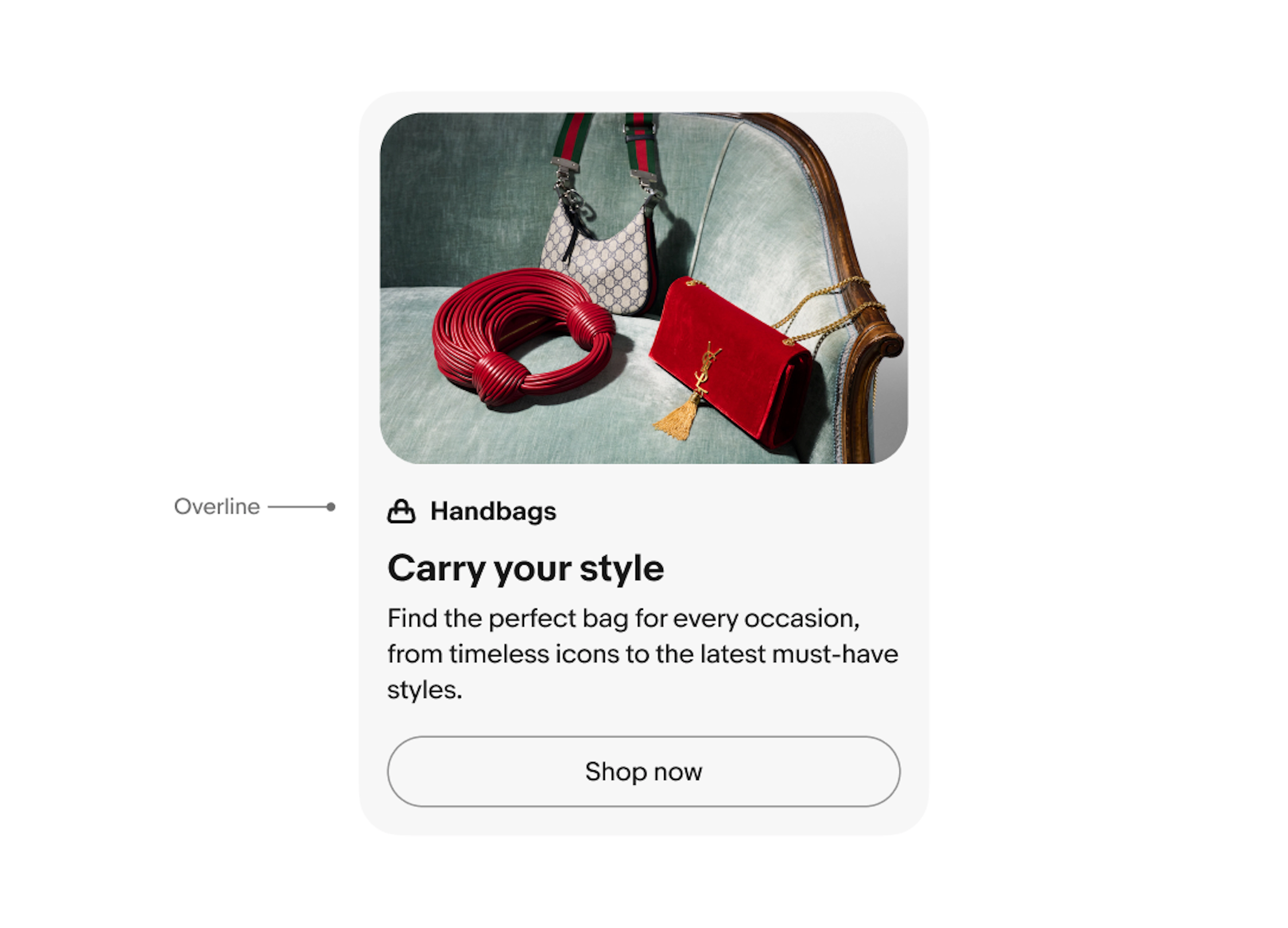 A vertical card with a light grey background and image on top. An annotation points to the overline which has a sneaker icon and the copy “sneakers”. 