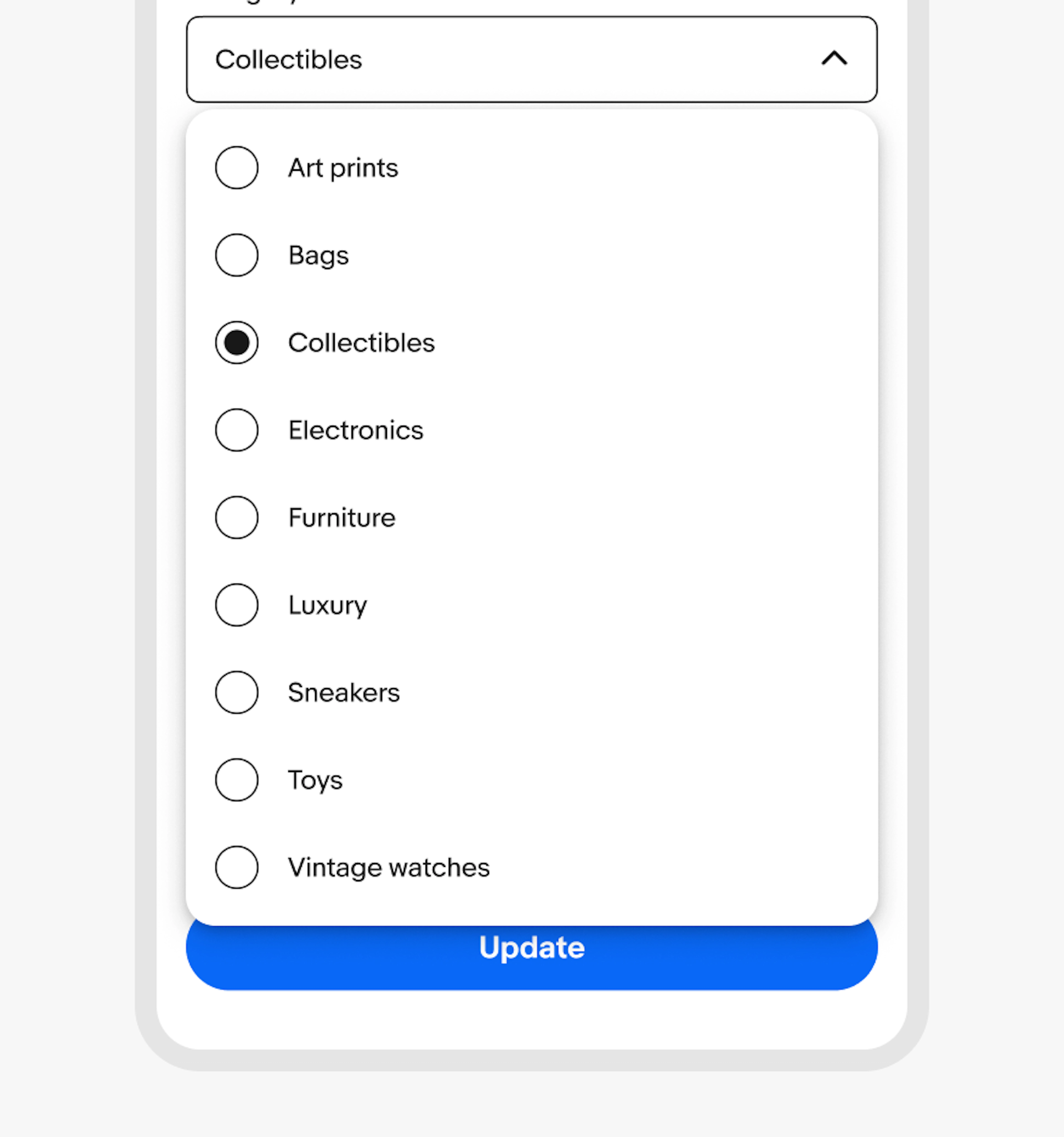 Category menu listing Art prints, Bags, Collectibles (selected), Electronics, Furniture, Luxury, Sneakers, Toys, Vintage watches; Update button beneath.