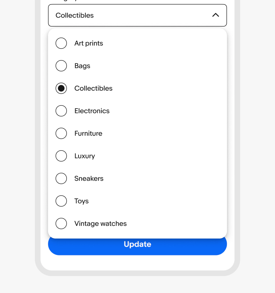 Category menu listing Art prints, Bags, Collectibles (selected), Electronics, Furniture, Luxury, Sneakers, Toys, Vintage watches; Update button beneath.