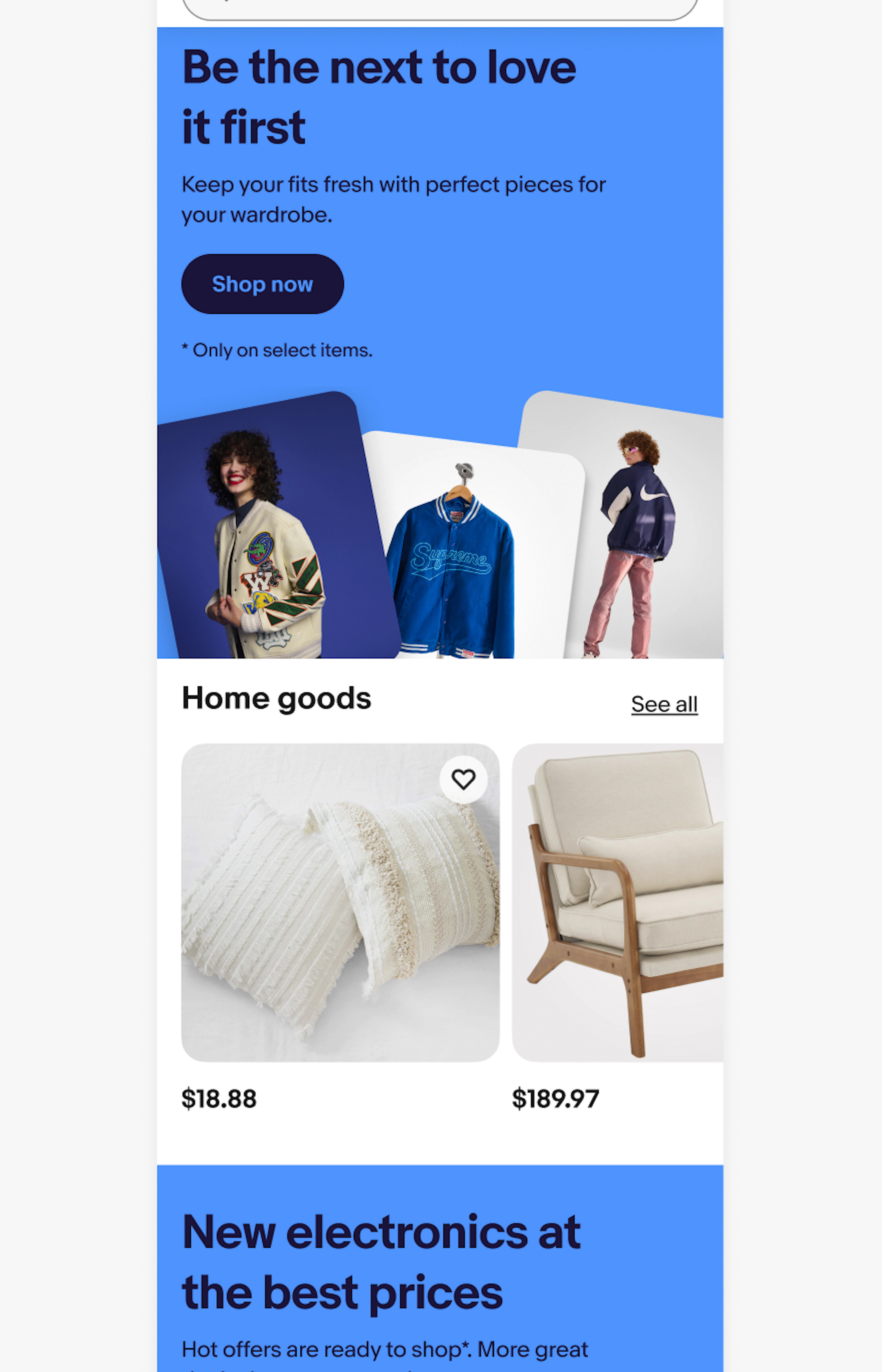Mobile eBay page with a bright coral and bright blue banner separated by a carousel of products titled, “home goods” in between them. 