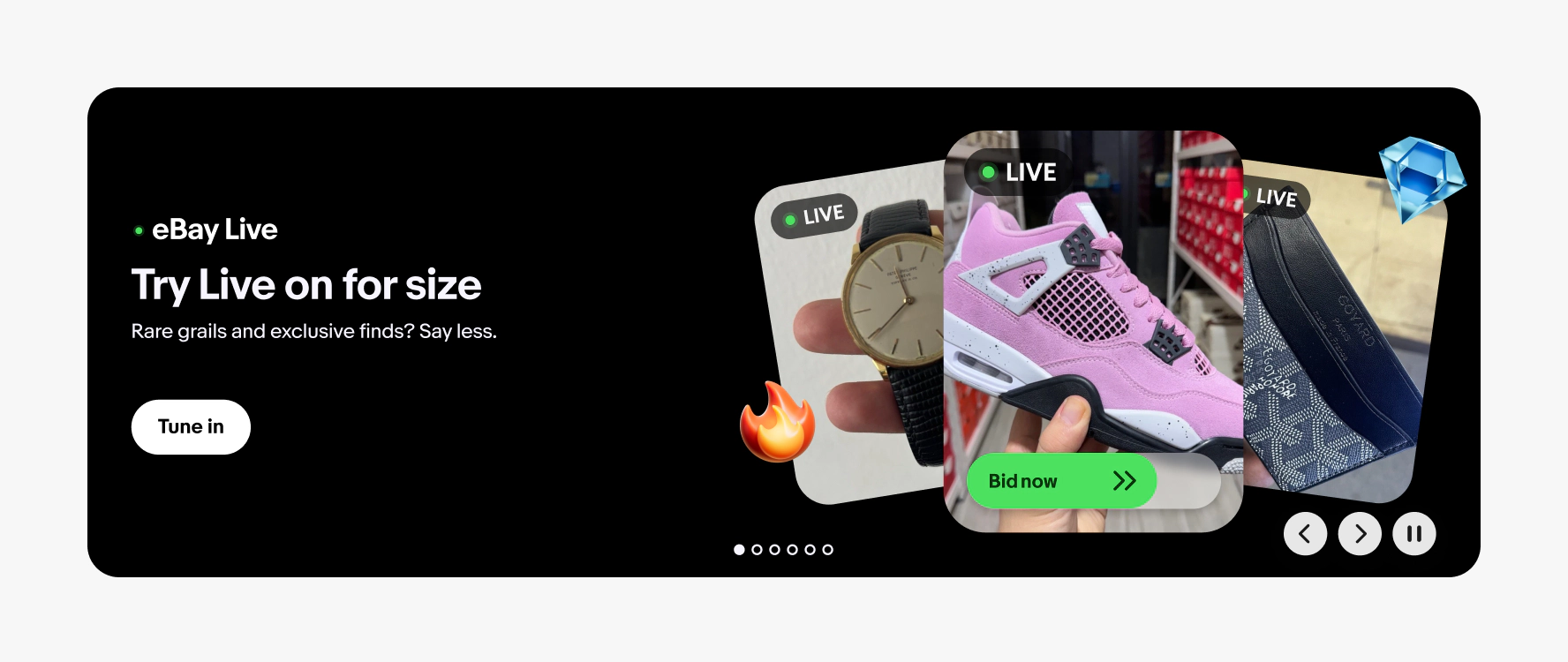A large on-site violet banner with the Overline. The headline reads “Try Live on for size” with the subhead “Rare grails and exclusive finds? Say less.” A kiwi CTA reads “Tune in.” The right side shows a 3-card fan stack depicting a watch, sneaker, and wallet livestream respectively.